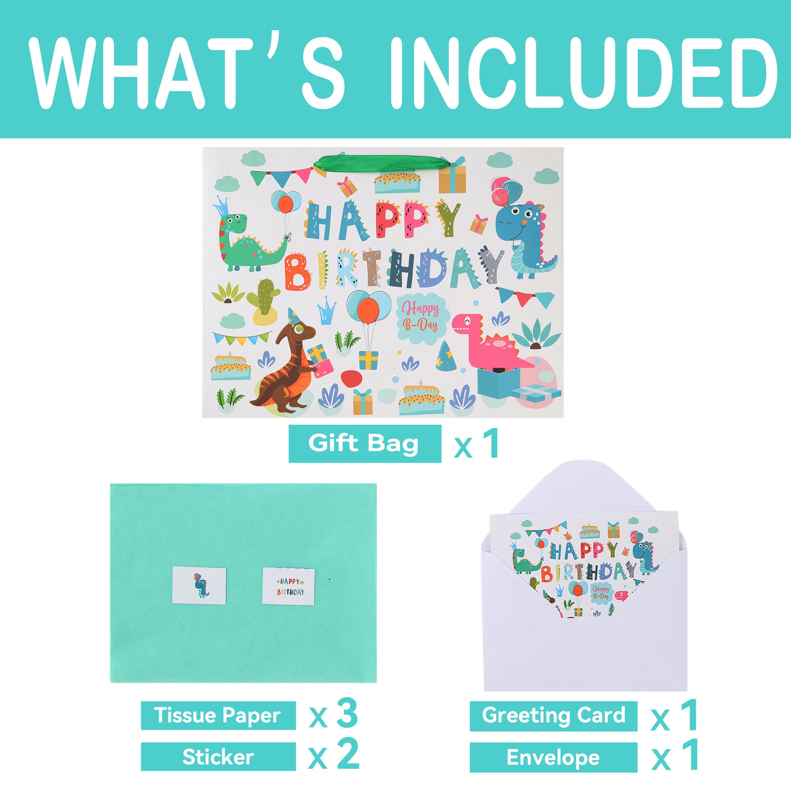 16.5” Extra Large Dinosaur Happy Birthday Gift Bag Set with Handles, Greeting Card, Tissue Papers and Stickers for 1st Birthday 2 Year Old Boys’, Girls', or Kids' Party, Newborn, New Moms or Parents, 1 Pcs