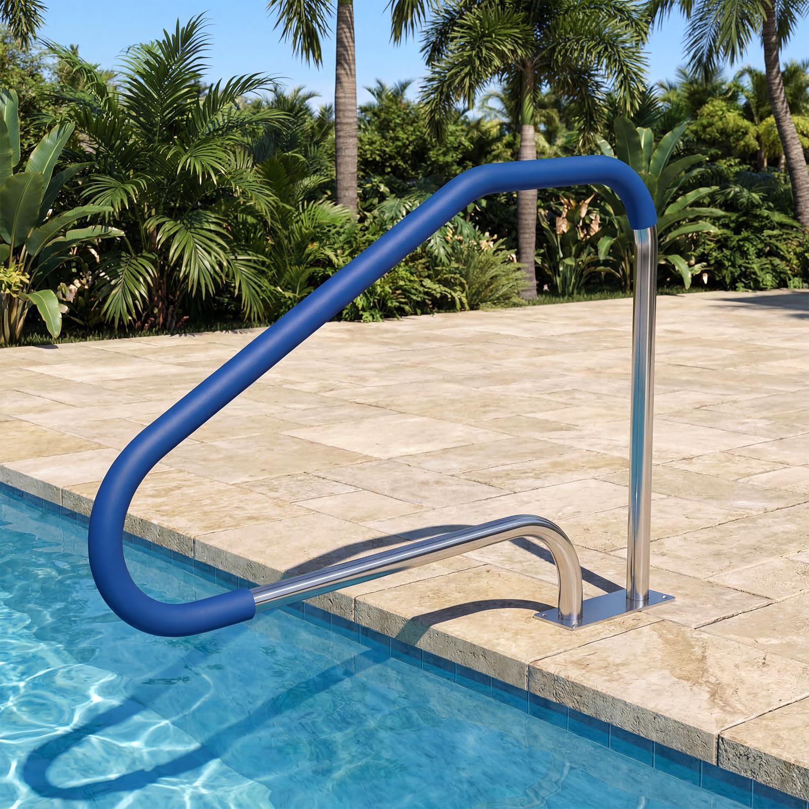 COSTWAY Rampe Piscine 119x79 cm, Charge 250 kg, Main Courante Piscine en Acier Inoxydable 304, Plaque de Base, Barre d'Appui de Sécurité, Housse Antidérapante, Accessoires, pour Spa Parc Aquatique (1)
