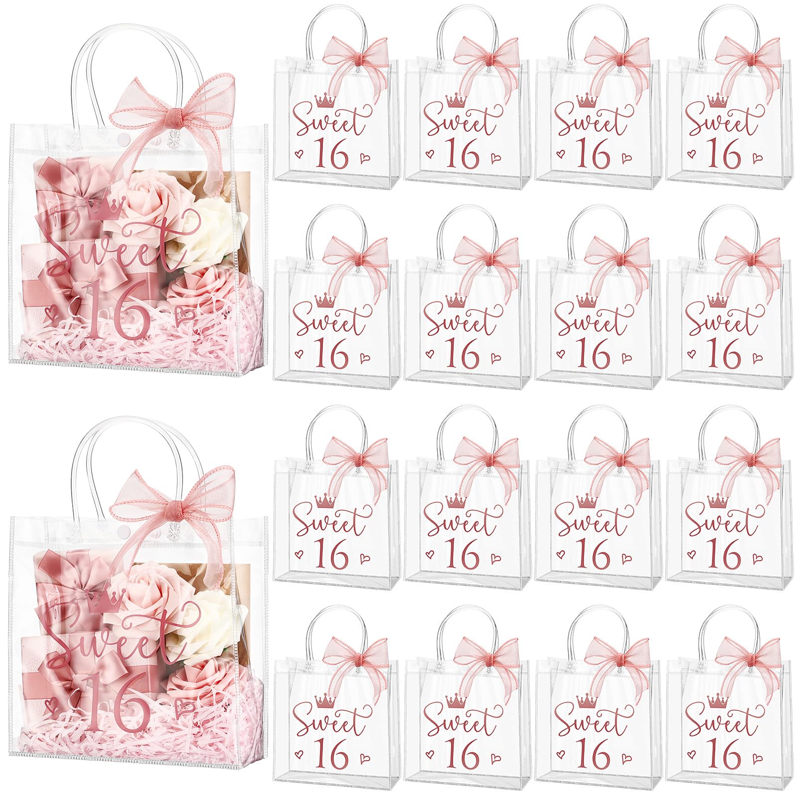 Photo 1 of Sweetude 18 Pcs Sweet 16 Birthday Gift Bag 16th Party Gift Bags with Handles and Ribbons Clear Pink Birthday Party Favors for Guests 16 Years Sweet Supply Decorations