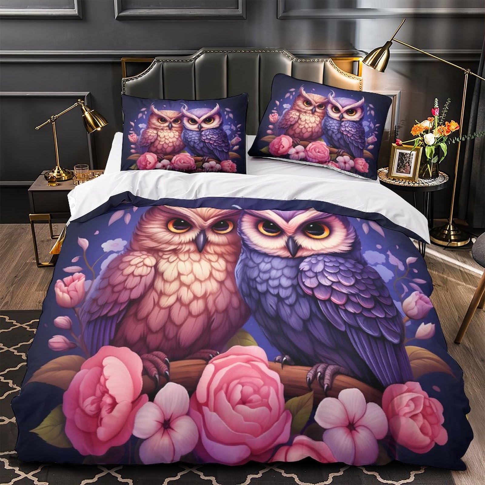 Owl Couple Comforter Cover 3D Print Luxury 3 Pcs Bed Set Hidden Zipper colorful Fantasy Quilt Cover Hypoallergenic All Season for Women Teens Kids Girls Boys Youth Teenagers Super king（260x220cm）