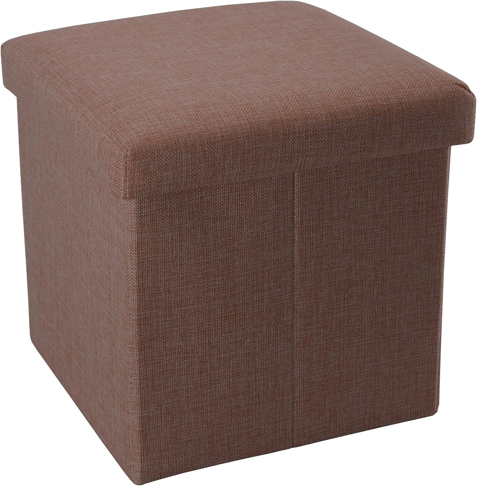 INTIRILIFE Ottoman Cube 38x38x38 cm in AMBER BROWN – Foldable Portable Storage Footstool with Removable Lid made of Fabric in Linen Look – Folding Pouffe Stool Chest Seat