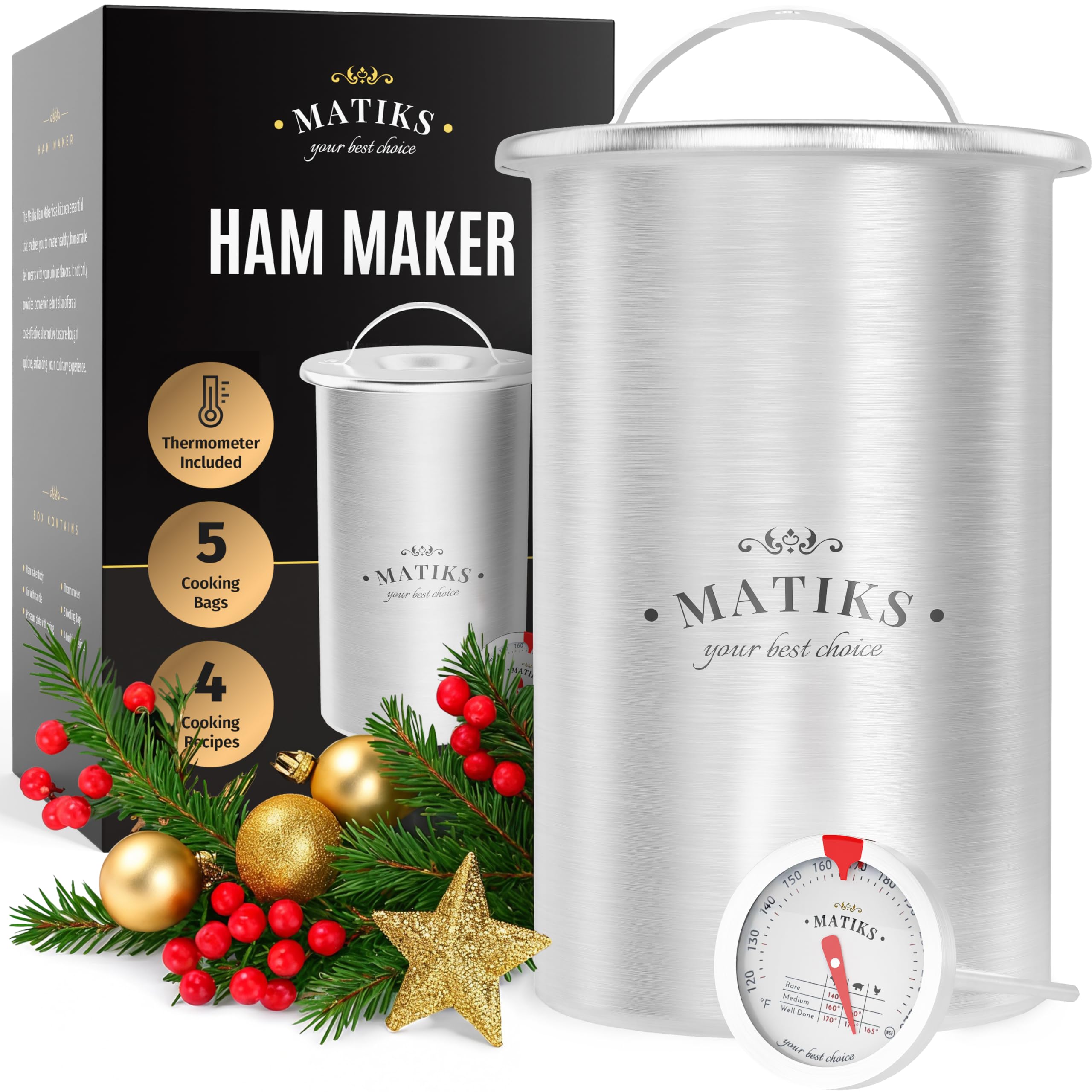 Matiks Deli Meat Press Mold for Deli Meats - Make Your Own Healthy Homemade Ham with This Stainless Steel Lunch Meat Press Maker - Our Ham Maker Includes Bonus Thermometer, Recipes and Cooking Bags