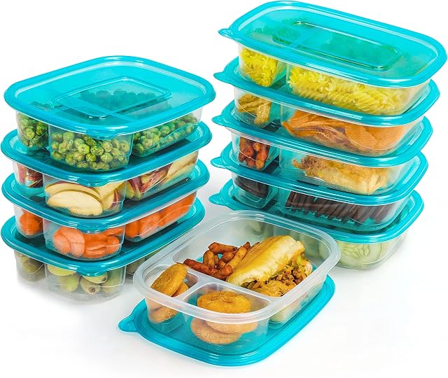 BELLE VOUS Clear Reusable Plastic Food Storage Containers with 3 Compartments and Lids (10 Pack) - Leak Proof, BPA Bento Boxes - Microwave, Freezer & Dishwasher Safe - Meal Prep Lunch Boxes