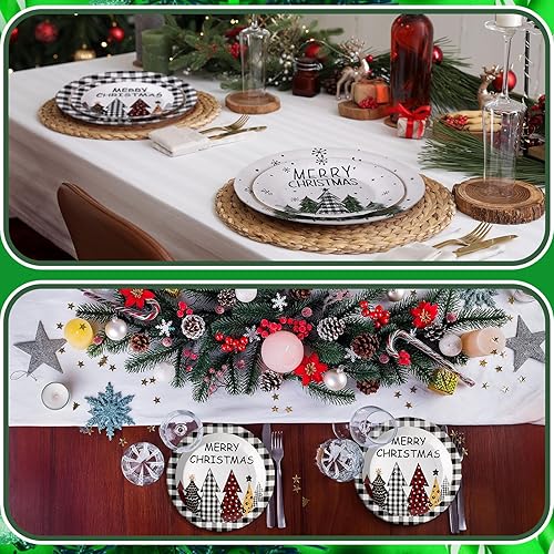Miniatura 5 de Tticai - 160 platos desechables de Navidad, a cuadros, árboles de Navidad, platos de papel de 9 pulgadas, platos llanos de 7 pulgadas, platos de