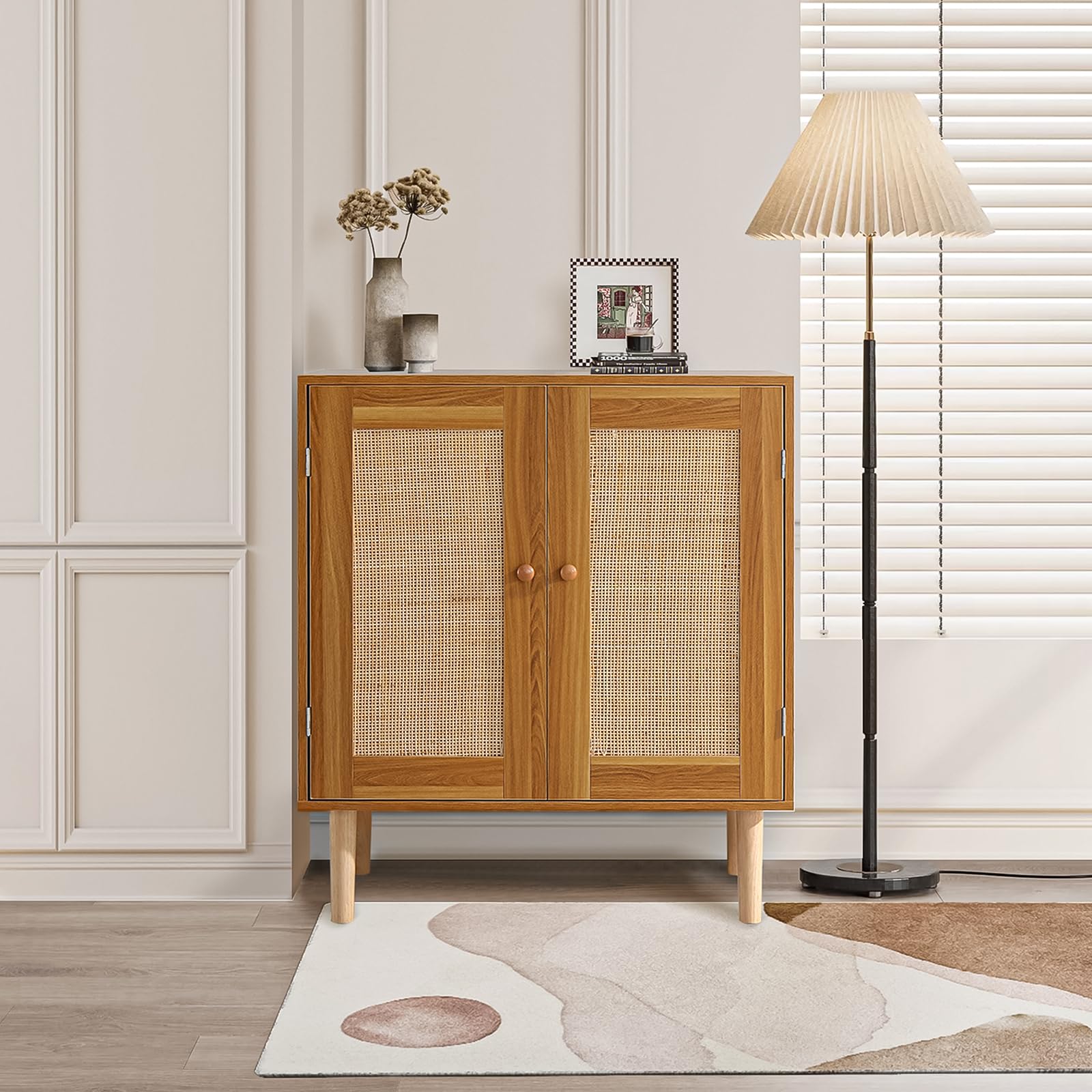 TONYRENASideboard Buffet Cabinet Storage Cabinet with Two Rattan Door and Shelves,Console Table for Living Room,Hallway,Entryway(Natural)