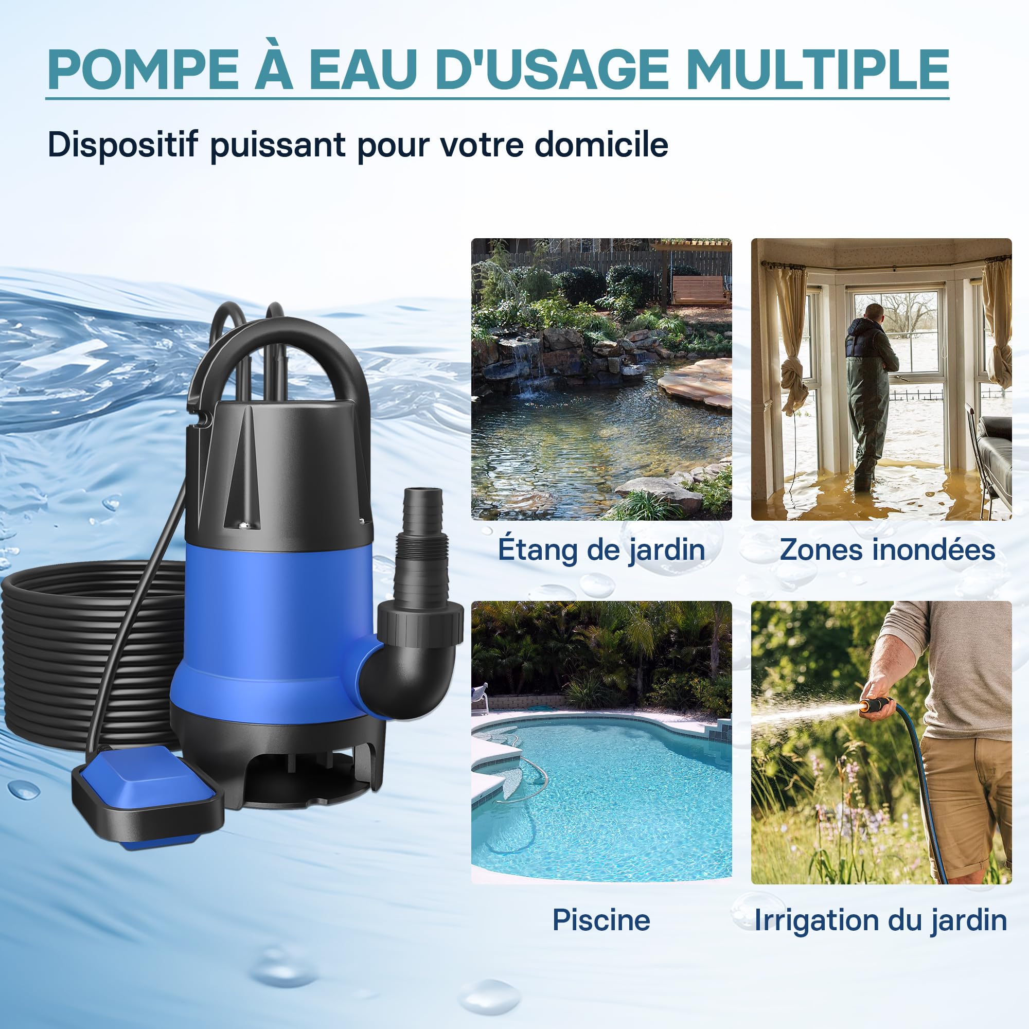 Wiltec Pompe électrique pour eaux sales – Submersible – 400 W / 7500 l/h – Refoulement max. 5 m – avec Flotteur – Particules jusqu’à Ø 35 mm – Arrosage Irrigation Jardinage Évacuation Drainage