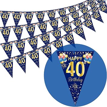 40Pcs Navy Blue Happy 40th Birthday Banner Bunting Flags - Navy Blue and Gold Glitter Anniversary Party Decoration Supplies,Birthday Triangle Flag Banners for Men Women