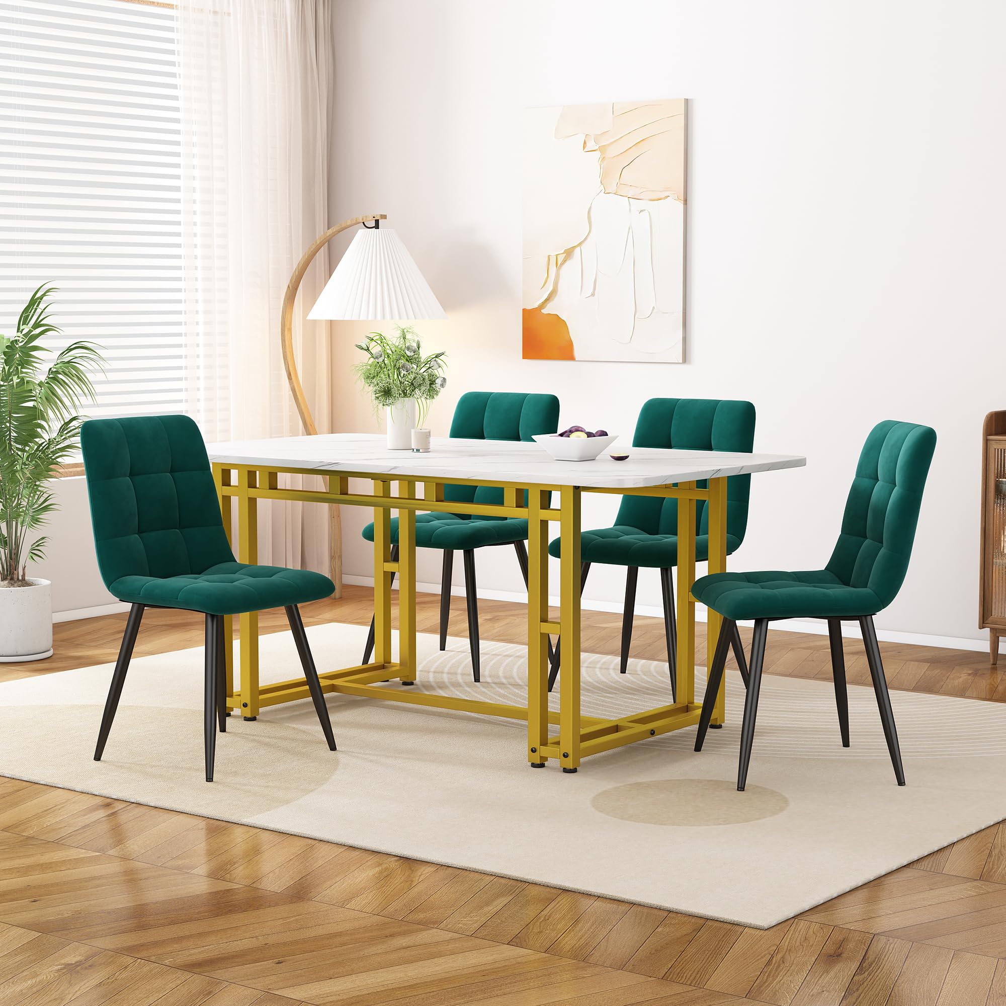Set de Salle à Manger avec Table à mangers rectangulaire Chaise pour 4 Personnes Tables à Pieds en Fer pour Salon Restaurant Basse Or avec 4 chaises Vertes 120x70 cm