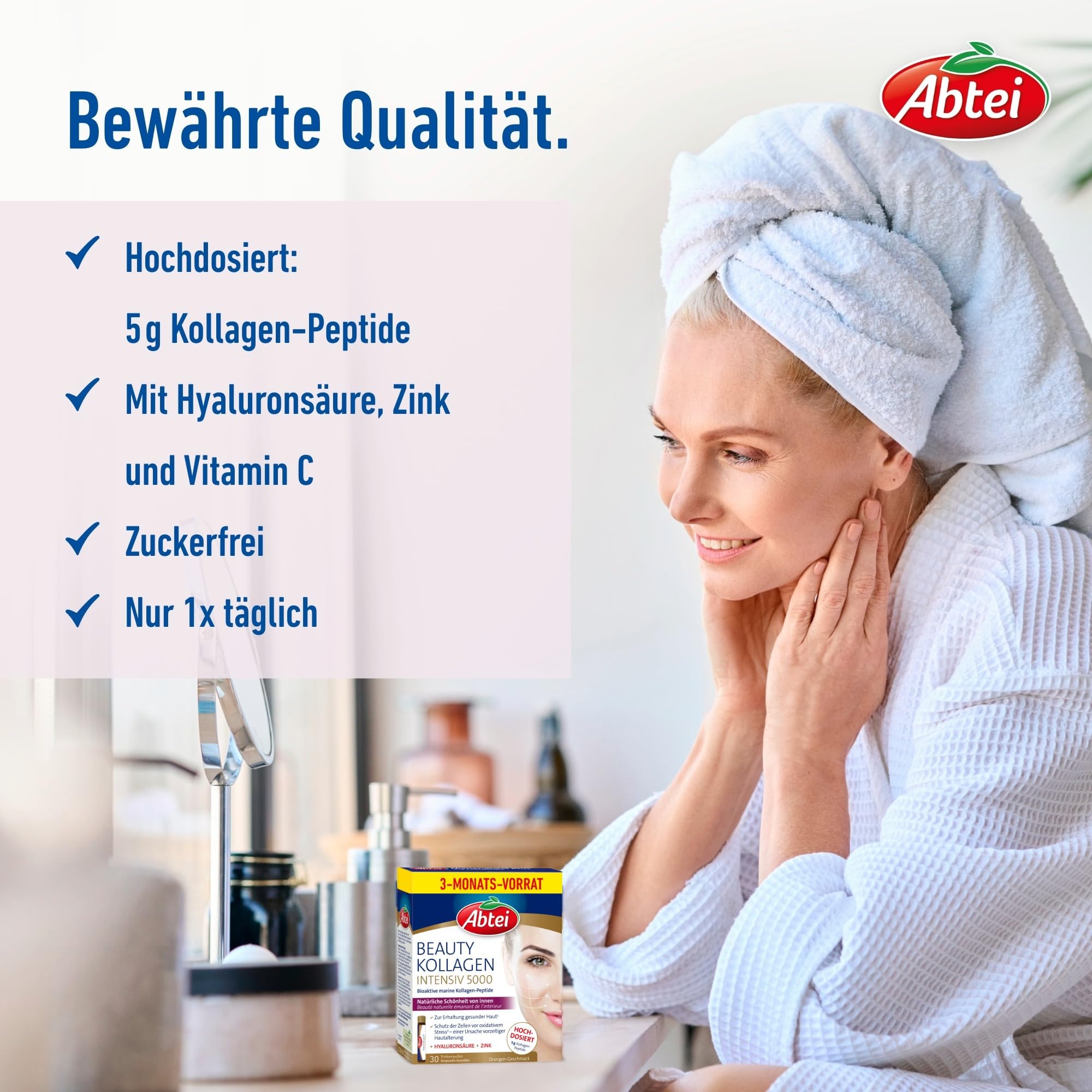 ABTEI Beauty Kollagen Intensiv 5000 - Kollagen-Trinkampullen - 30 St. | Vorratspackung, 5 g hochdosierte Kollagen-Peptide, Hyaluron & Biotin, frisches & ebenmäßiges Hautbild, zuckerfrei