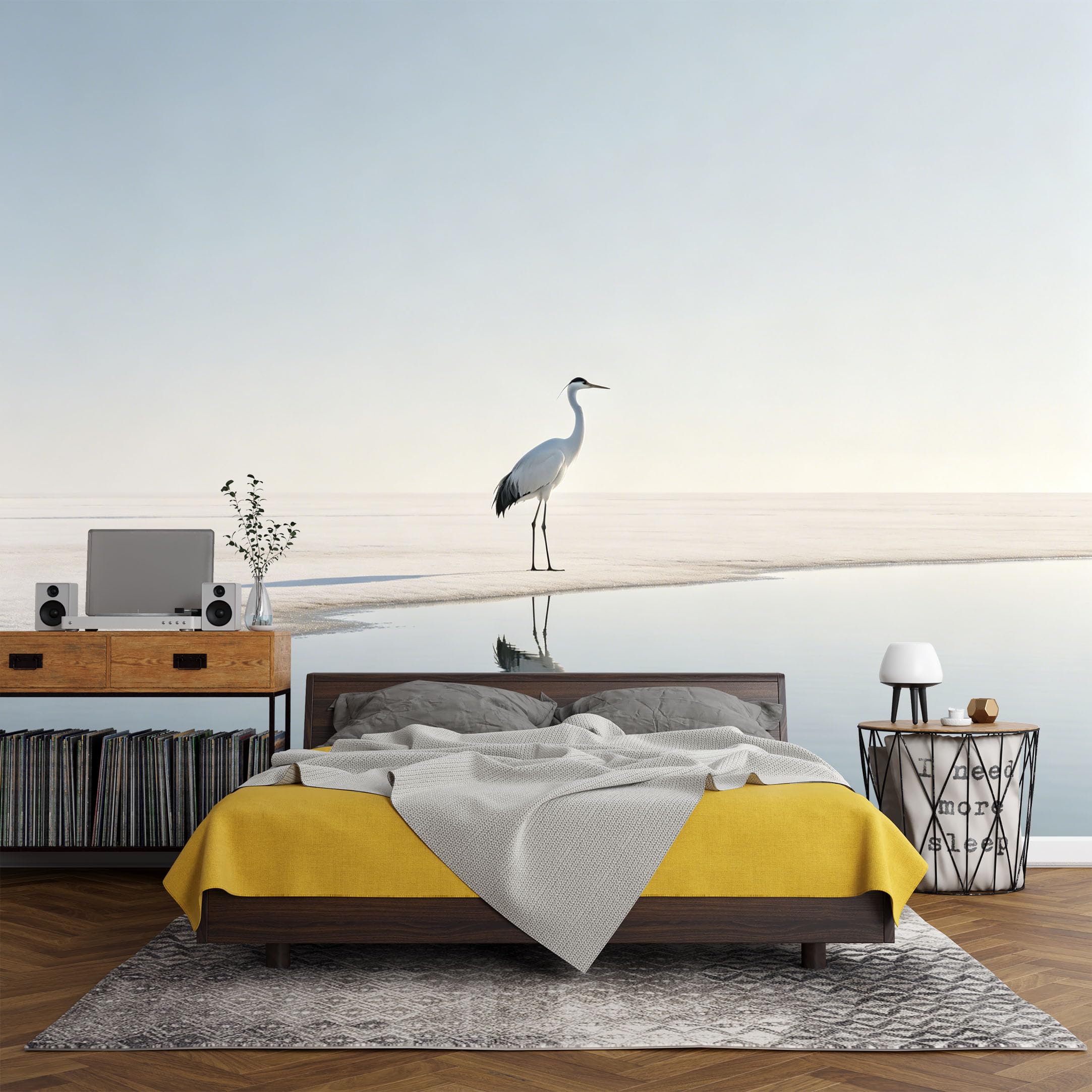 Custom Size Wall Mural， Minimalist White Crane Reflection Lake Horizon Calm Landscape，SelfAdhesive Art Prints wall Fabric (No PVC) Removable Wallpaper Living Room Decor