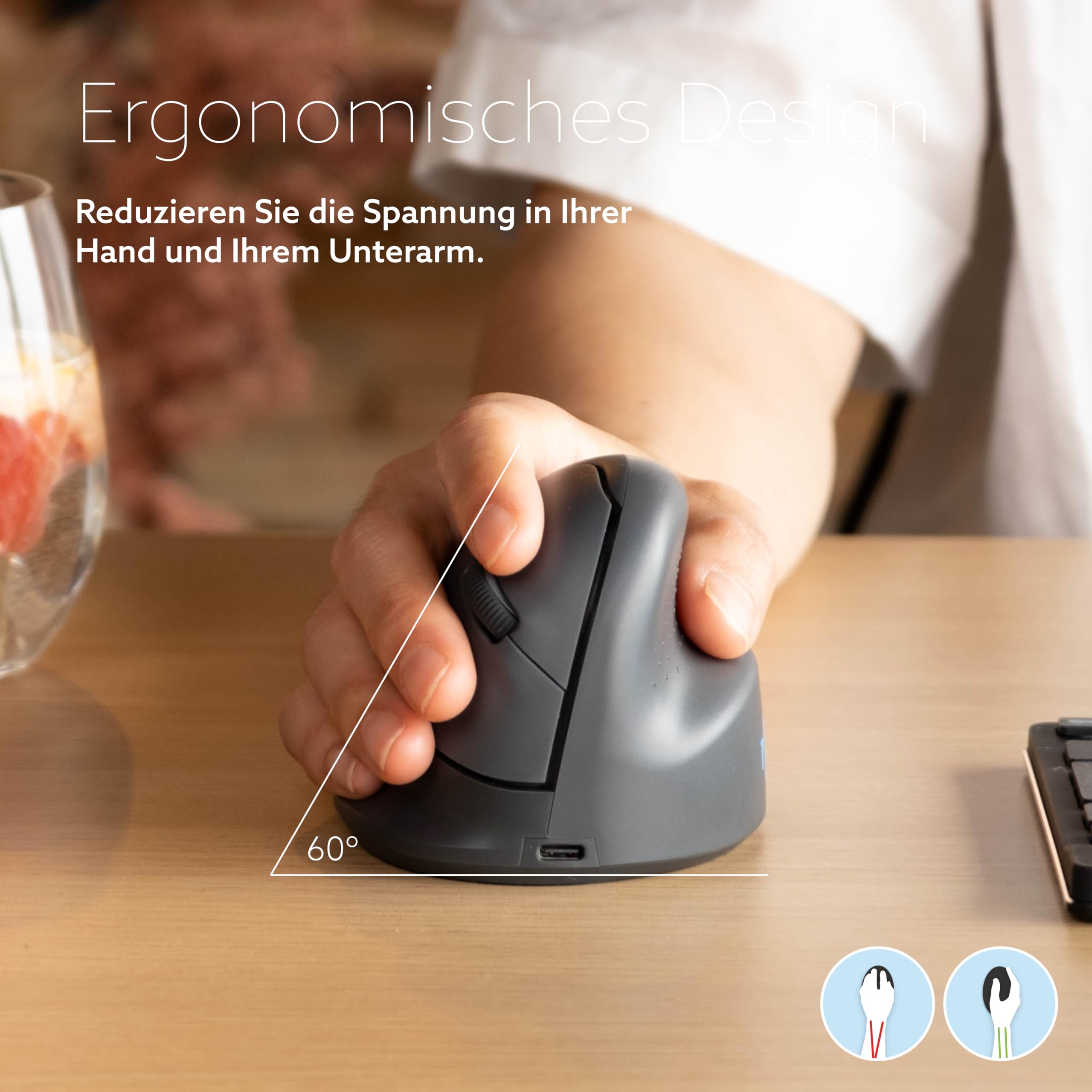 R-Go HE Basic Ergonomische Maus, Bluetooth 5.0, Wiederaufladbare mit Type C/A, Vorbeugung Mausarm/Tennisarm, Vertikale Ergo Maus für Windows/MacOS, 1600DPI und 3 Tasten, Schwarz