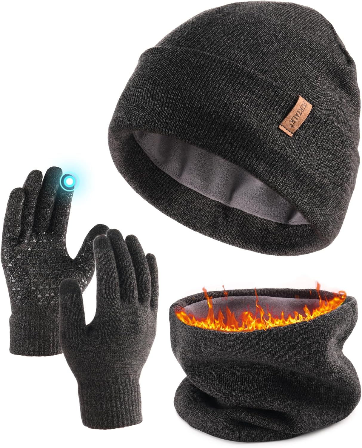 FURTALK Winter Beanie Hat Scarf Touchscreen Gloves Set 3 Pcs Warm Knit Beanies Hat Fleece Lined Skull Cap for Men Women