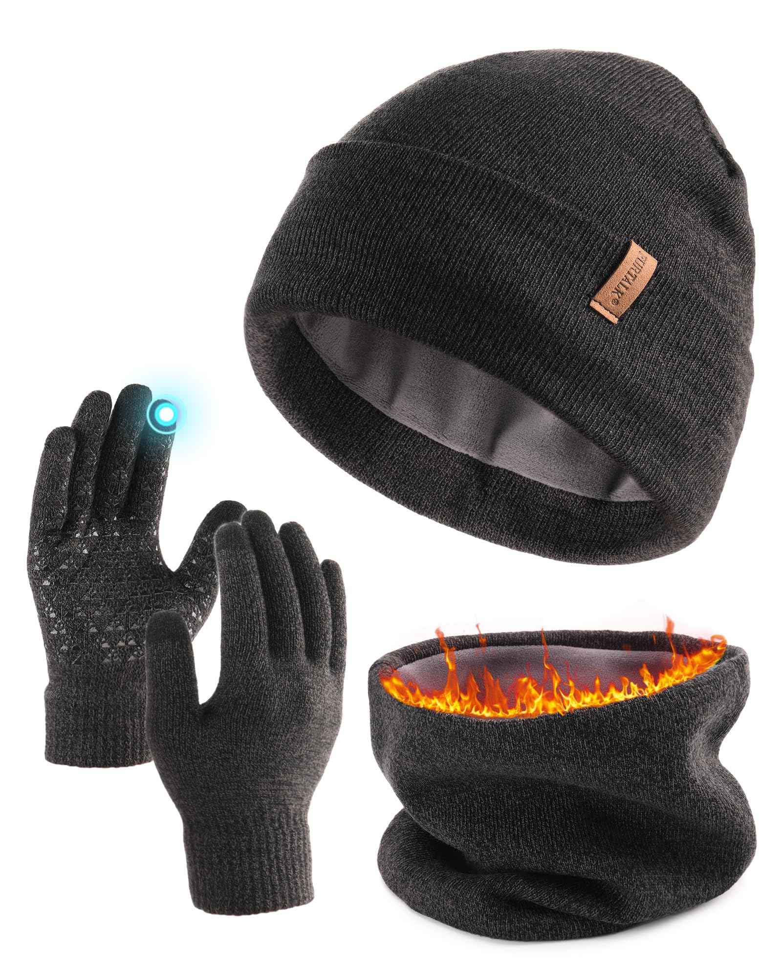 FURTALK Winter Beanie Hat Scarf Touchscreen Gloves Set 3 Pcs Warm Knit Beanies Hat Fleece Lined Skull Cap for Men Women