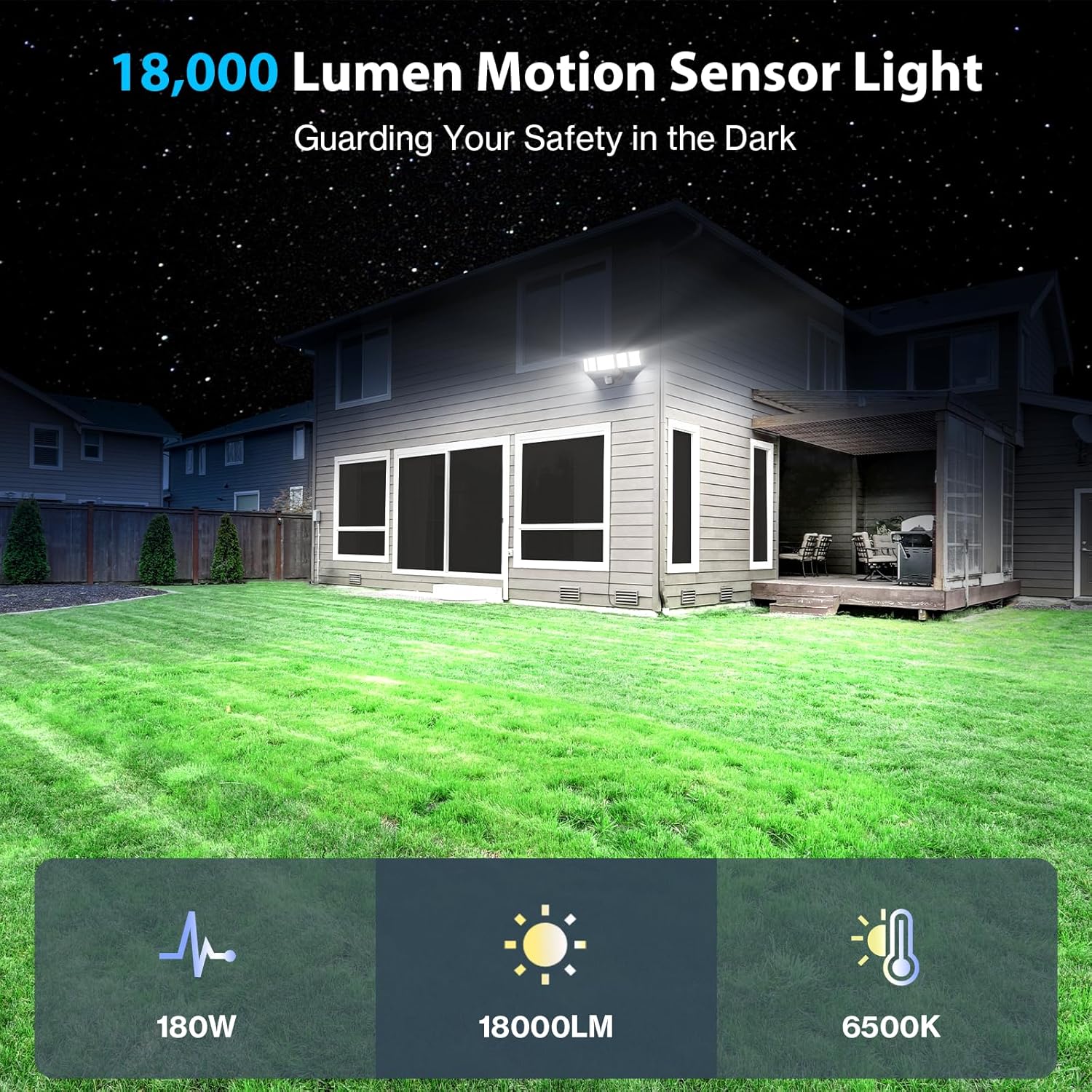 Olafus 18000LM Ultra Bright Motion Sensor Outdoor Lights, 5 Heads Flood Light, IP65 Waterproof LED Security Light, 6500K Dusk to Dawn Outdoor Lighting for Large Outdoor Areas Garage, Backyard, Black