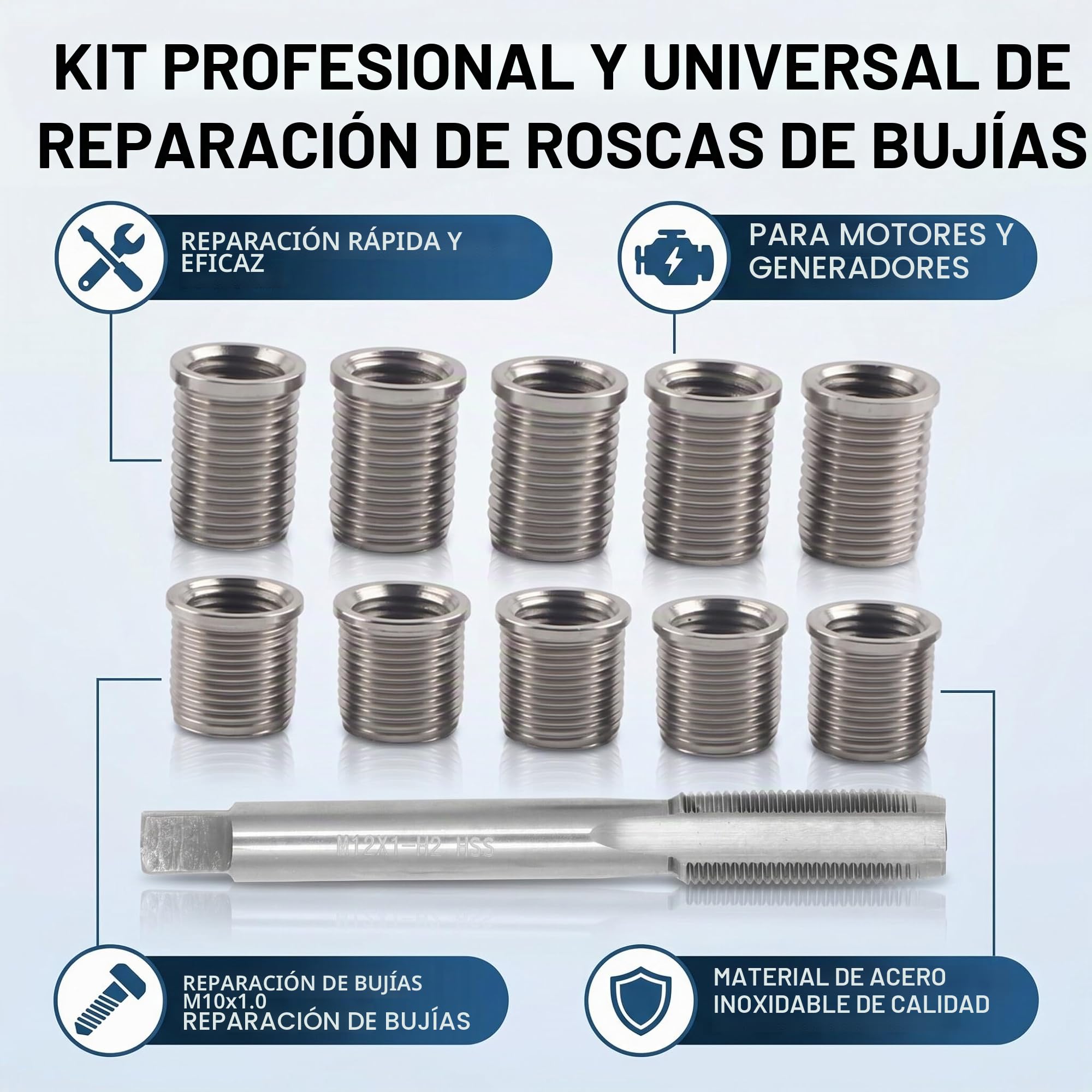 Kit de reparación de roscas de bujía, 10 insertos roscados M10x1.0 y 1 macho roscado M12x1.0, herramientas para grifo de la bujía para la reparación de