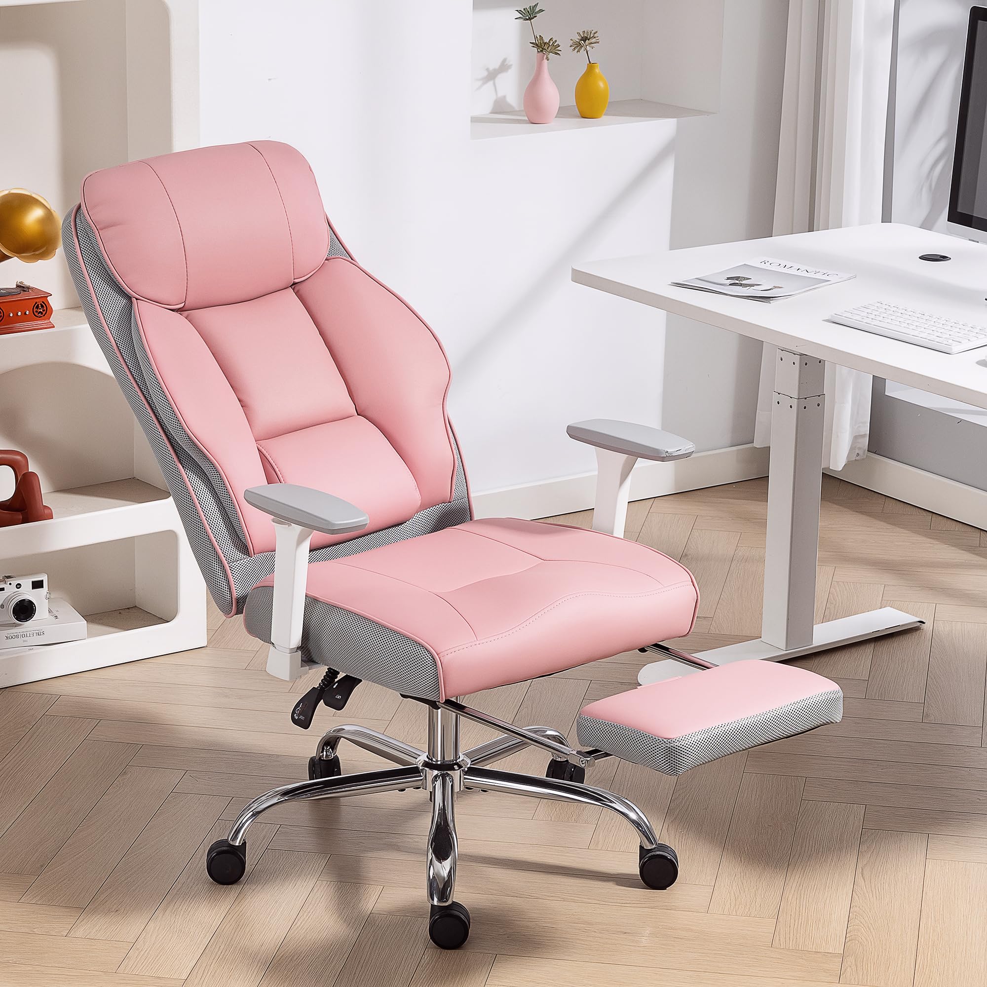 HOMCOM Silla de Oficina ergonómica con reposapiés, PU, 150 kg Rosa