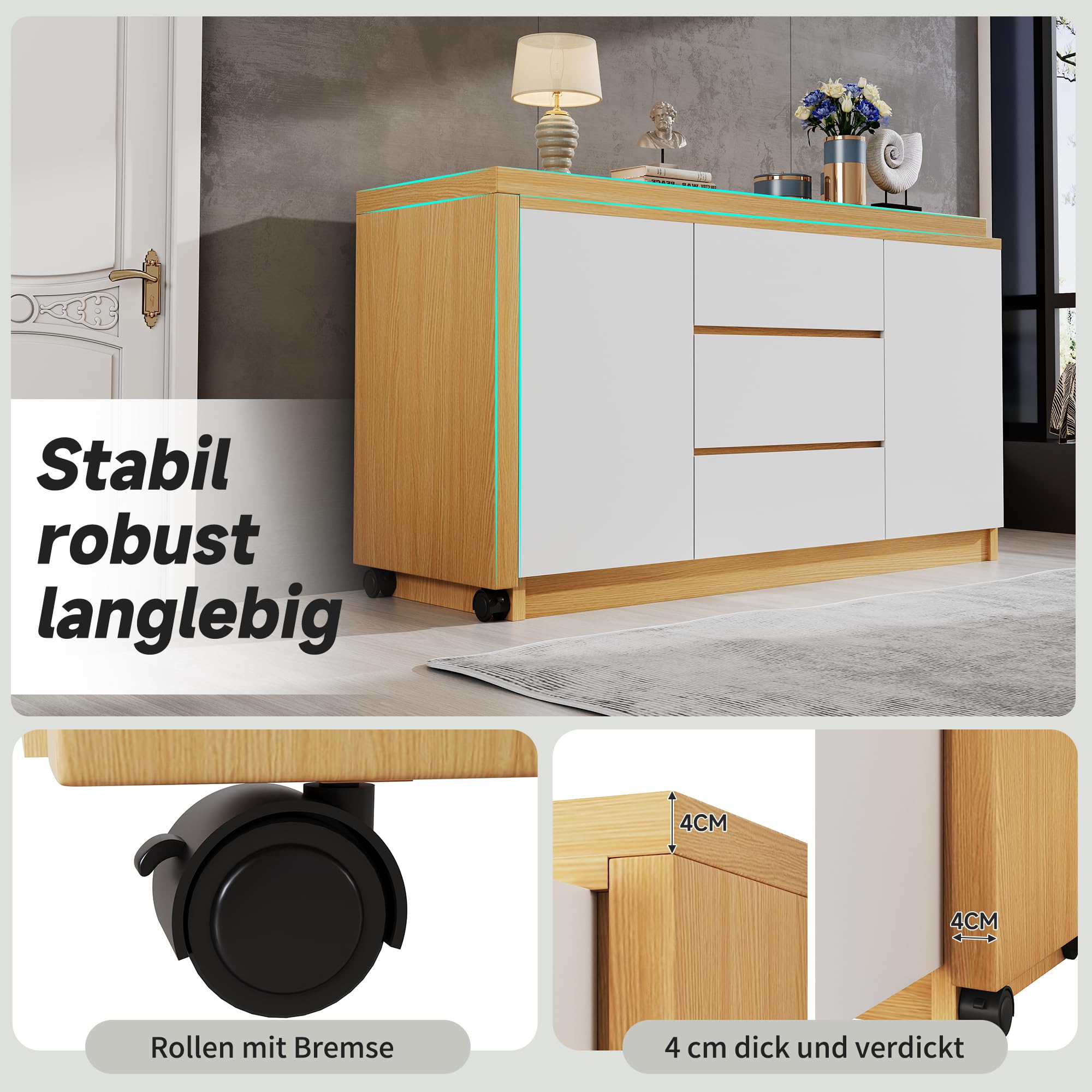 Scrivania con ruote bloccabili, design multifunzionale, 4 cm di spessore, piano girevole bloccabile, scrivania pieghevole, scrivania angolare, credenza (legno + bianco)