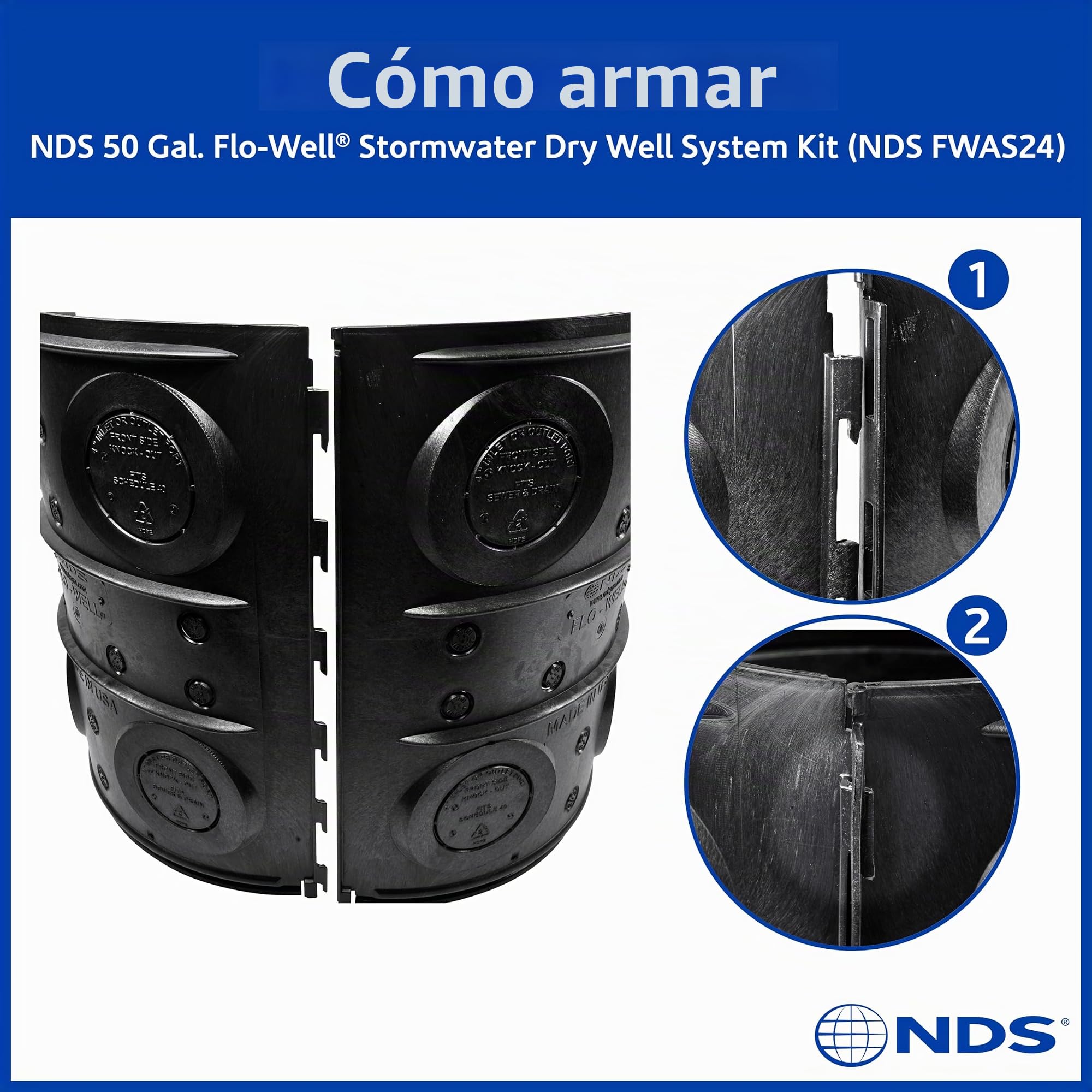 NDS, FWAS24, Contenedor para 190 litros de Agua Kit de Sistema de Pozo seco de Aguas pluviales FLO con 3 Paneles Laterales y 1 Cubierta, Ideal para recolección de Agua de Lluvia, Negro