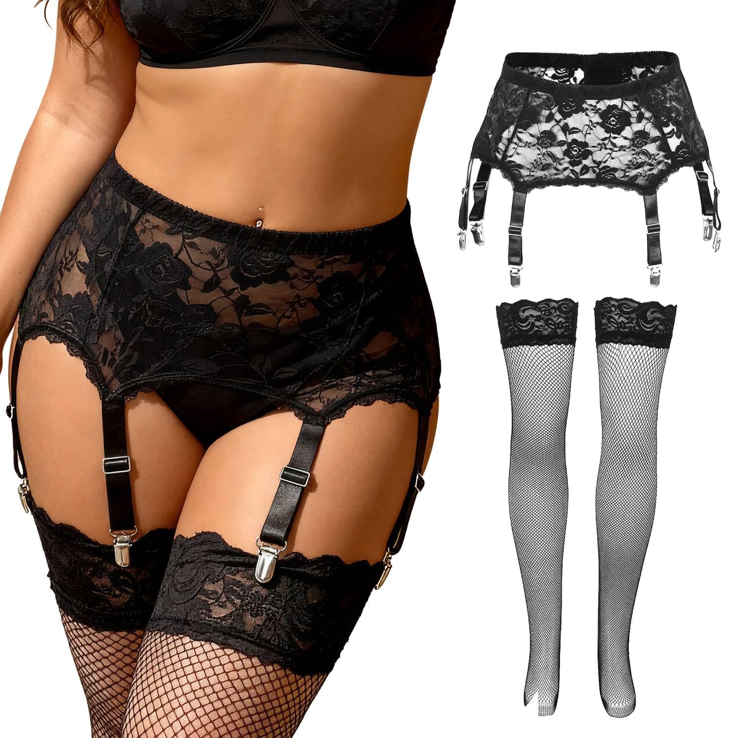 comeondear Sexy Lace Garter Belt with Fishnet Stockings for Women, with 6 Adjustable Clips Guepiere Garter Set Black Underwear Plus Size - 3XL-4XL Stor