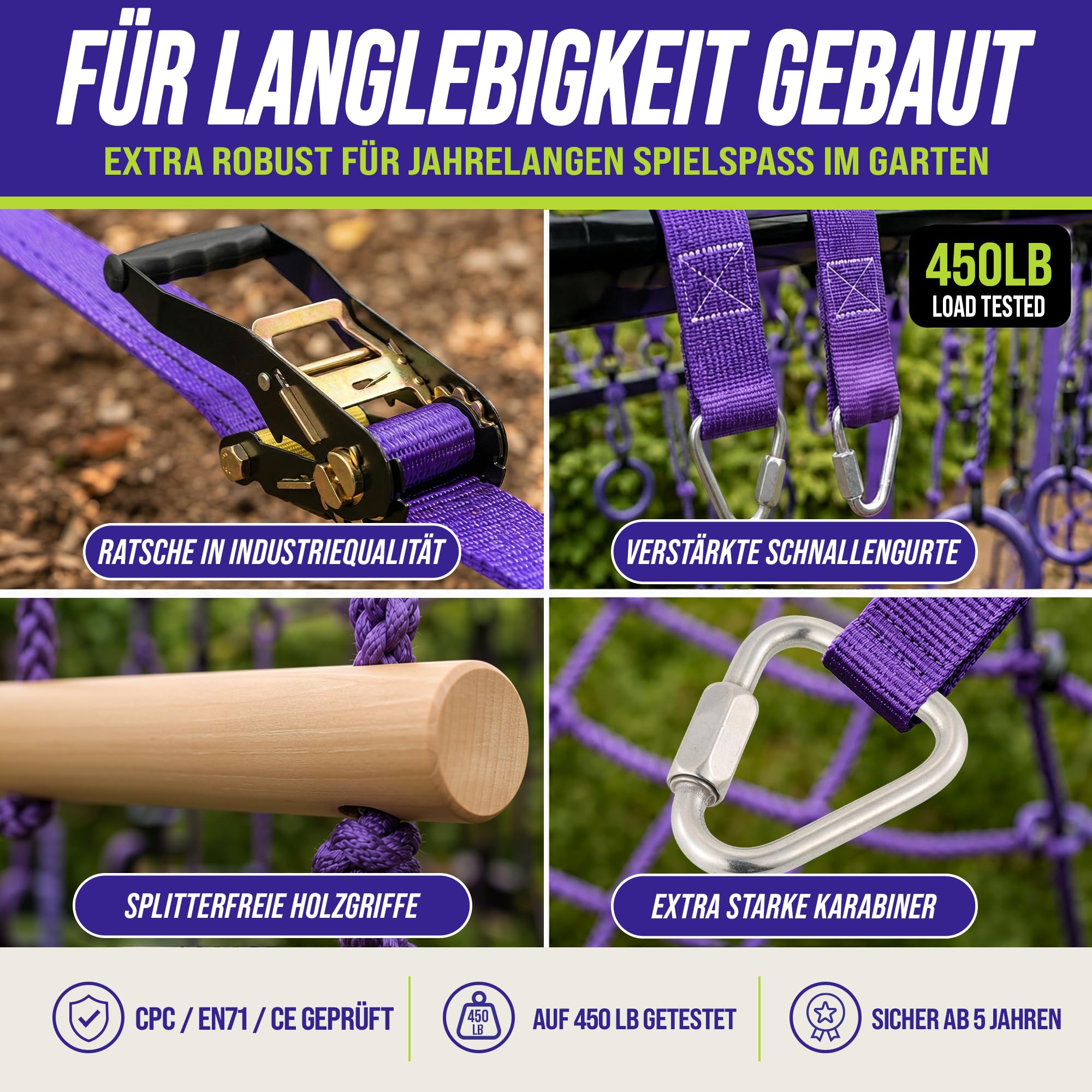 Trailblaze Ninja Warrior Hindernisparcours für Kinder – Fitnessgerät für den Garten mit 2 x 16,8 m Slacklines und 10 wetterfesten Hindernissen – Ninja Parcours für draußen