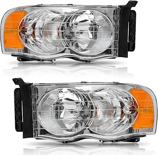AUTOSAVER88 Headlight Assembly Compatible with 2002-2005 Dodge Ram Pickup Truck OE Style Replacement Headlamps Chrome Housing with Amber Reflector Clear Lens