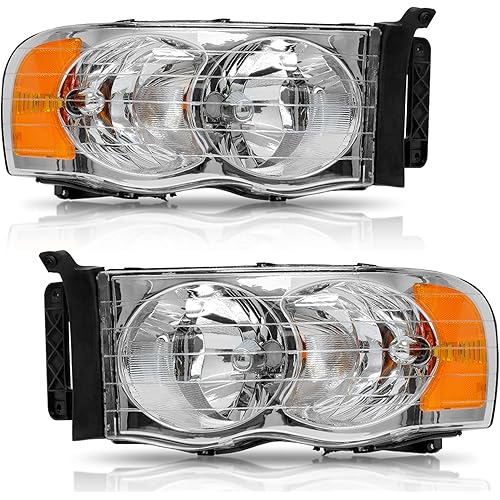 AUTOSAVER88 Headlight Assembly Compatible with 2002-2005 Dodge Ram Pickup Truck OE Style Replacement Headlamps Chrome Housing with Amber Reflector Clear Lens