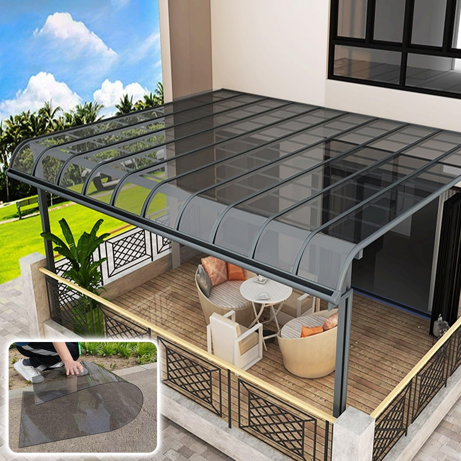 Transparent Polycarbonate Roofing Sheet, Outdoor Patio Greenhouse Panels, UV Rain Protection Rain Pergola Roof Panels, for Patios, Partitions, Etc, Roof(Gray,2X 3.3ft)