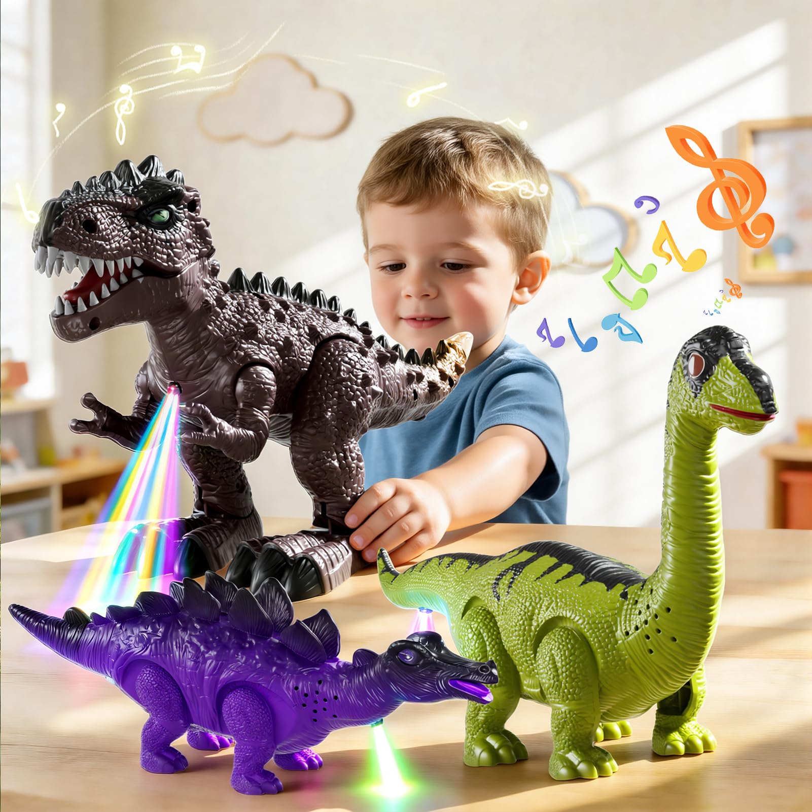 3 en 1 Juego de Dinosaurio Caminante Realista con Sonidos Naturales, 3 Figuras de Tyrannosaurus, Brachiosaurus, Triceratops, Regalo para Niños de 3+ Años.