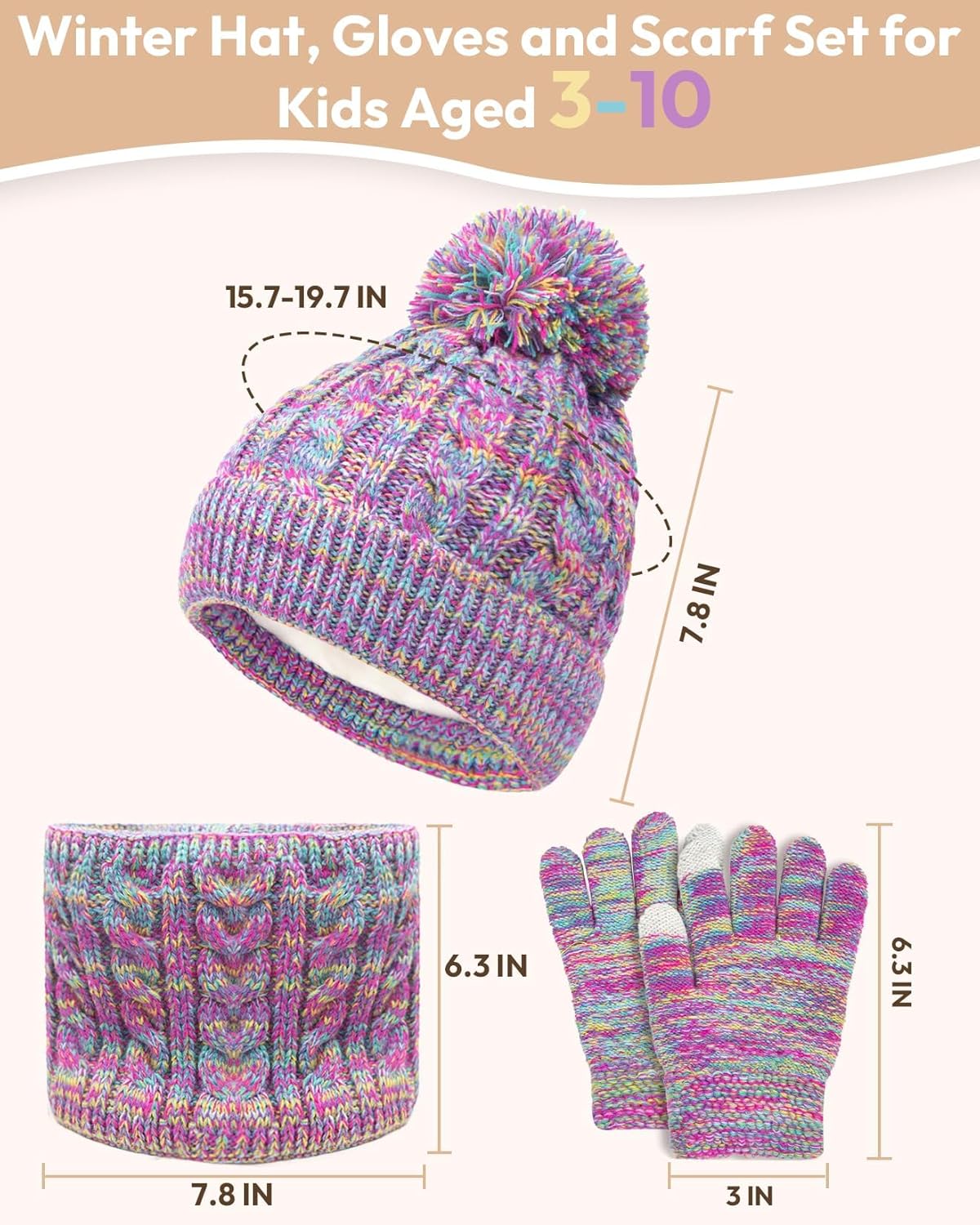 Kids Winter Hat Gloves Scarf Set, Toddler Children Girls Boys Beanie Hat Knitted Mittens & Neck Gaiter Warmer for Kids 3-10 - Image 5