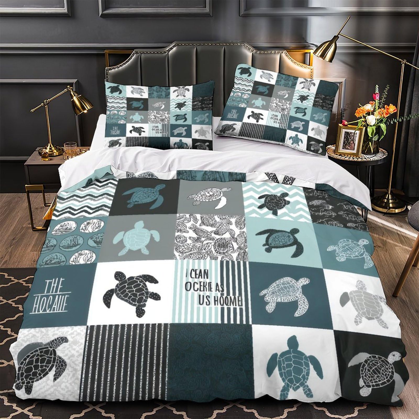 Housse de couette tortue marine hypoallergénique en microfibre douce et zippée