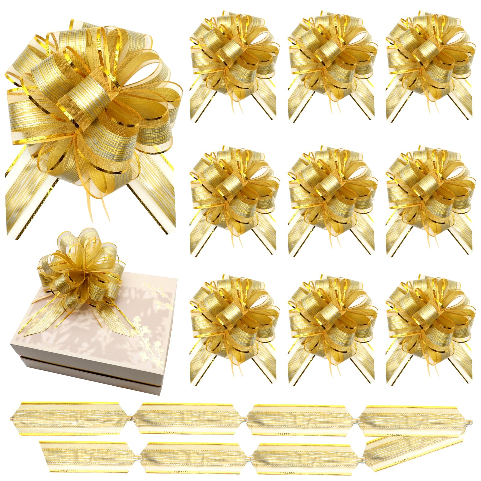 12 fiocchi da tirare per confezioni regalo, fiocco dorato, grande fiocco per Natale, matrimonio, anniversario, San Valentino, confezione regalo, fiocco per cesti di fiori, bouquet, oro