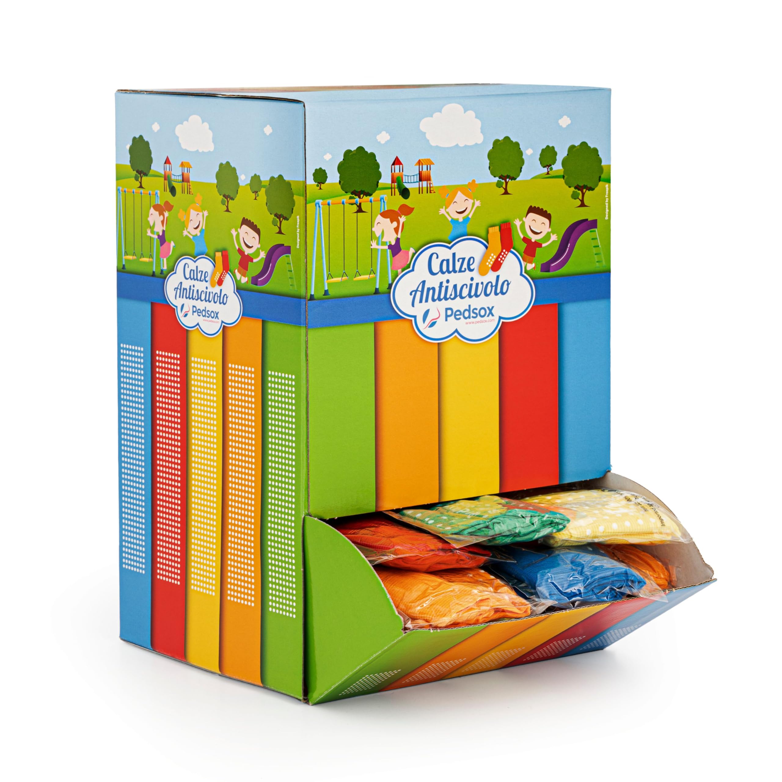Calze Igieniche Monouso Antiscivolo per Bambini, Espositore da 125 Paia Confezionate in Bustine da 1 Paio, Ideali per Parchi Gioco, 3-10 Anni, Taglia Unica, Colori Assortiti