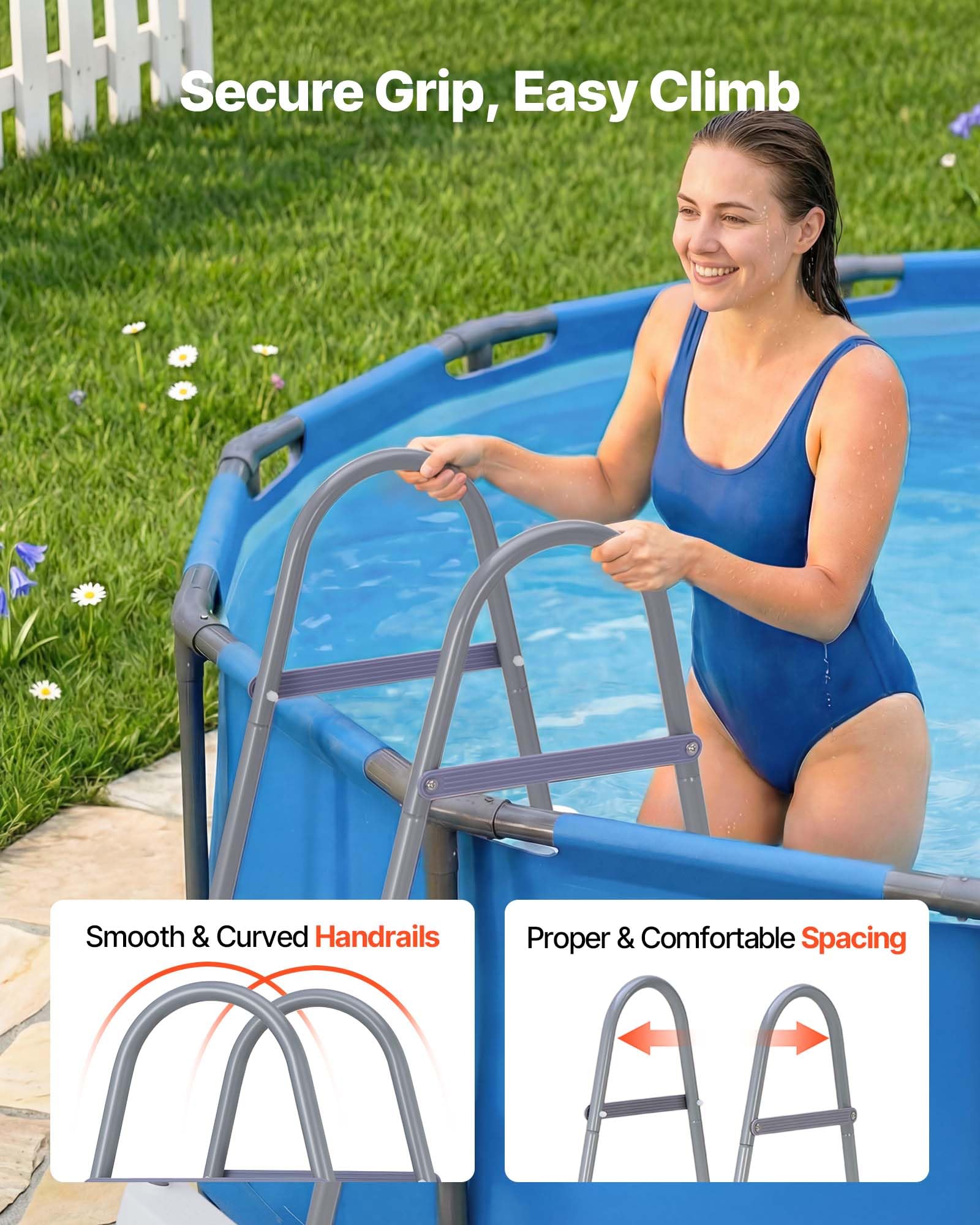 VEVOR Échelle de Piscine Hors Sol 106,7 cm Acier Carbone 3 Marches PP Antidérapantes Capacité Charge 136 kg Gris Blanc