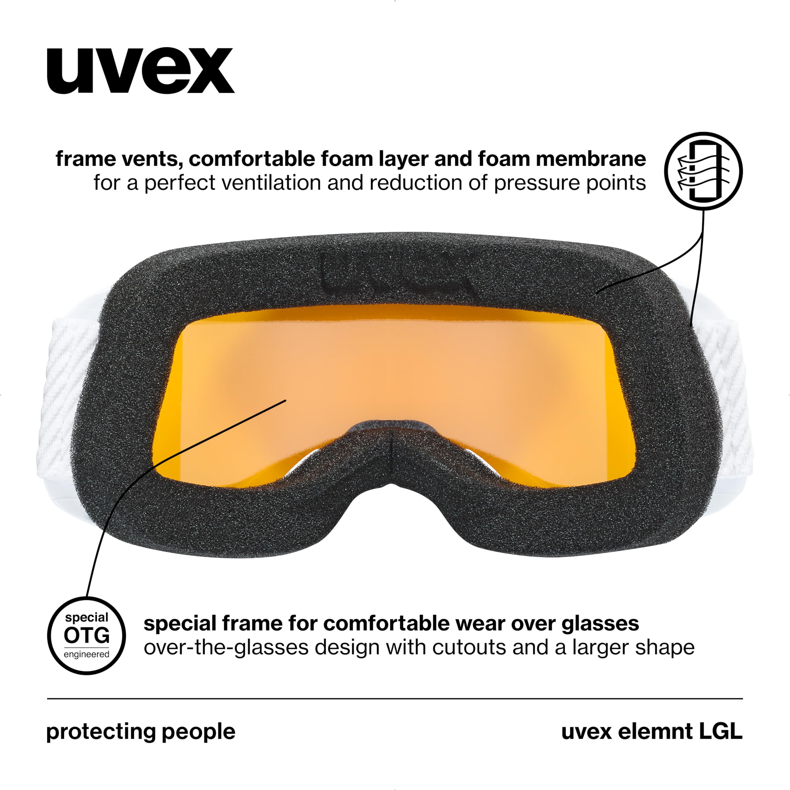 uvex elemnt LGL - skibril voor dames en heren - contrastverhogend - vergroot en condensvrij gezichtsveld - white/lasergold lite-clear - one size