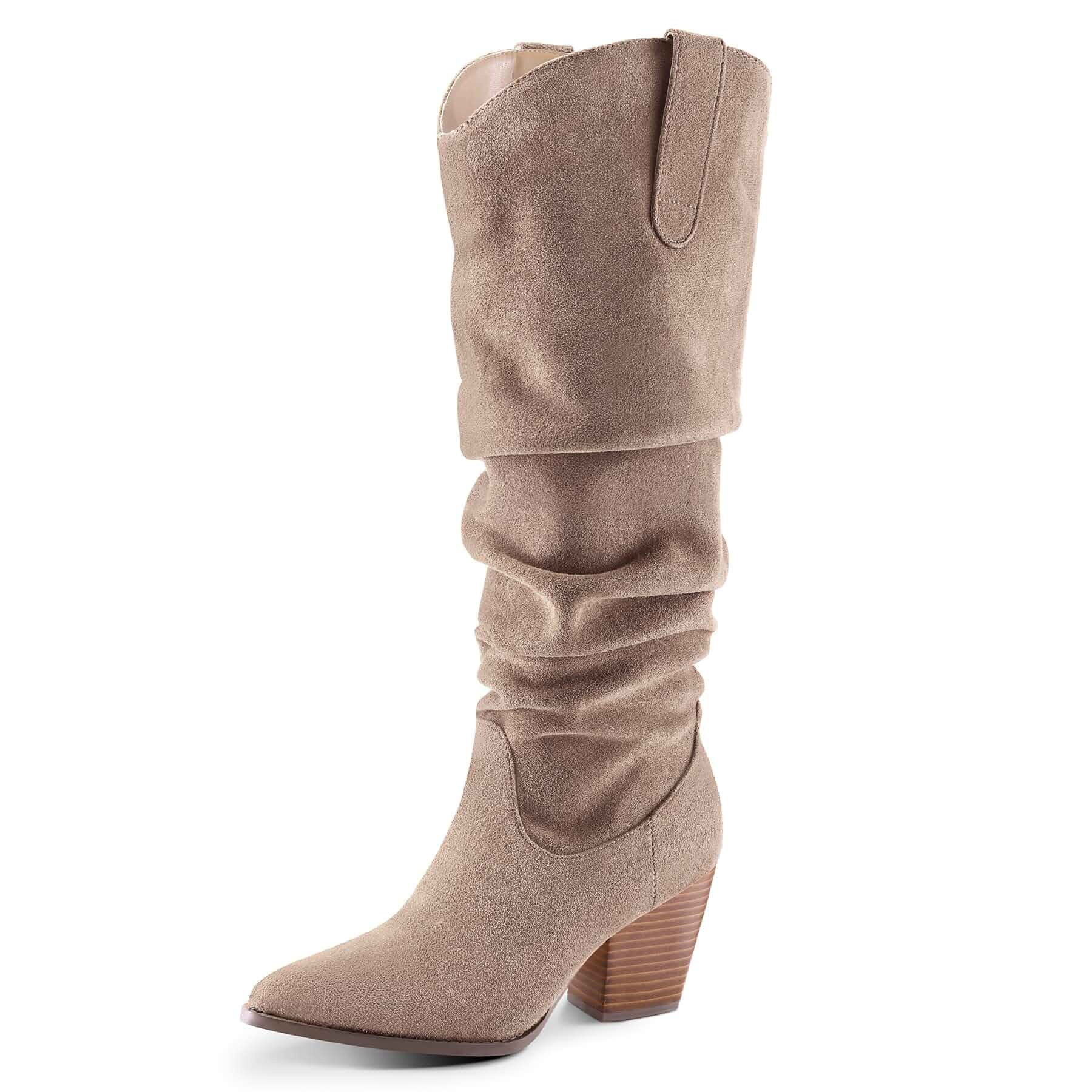 mysoft Women's Knee High Boots Slouchy Pointed Toe Cowboy Western Boots Cowgirl,Tall Boots,Comfortable Chunky Block Heel,Pull On,Side Zipper,Suede,Rubber,Dresses,Jeans,Leggings,Fall Winter,Retro