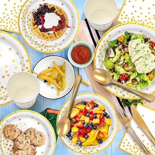 Miniatura 5 de Suministros de fiesta de papel de oro blanco 50 platos de papel, 50 platos de postre, 50 servilletas, 50 tazas, 50 cuchillos, 50 tenedores, 50