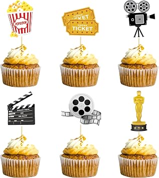 36 Pack Movie Cupcake Toppers Movie Night Cupcake Toppers Picks Hollywood Theme for Baby Shower Theme Birthday Party Decorations Supplies