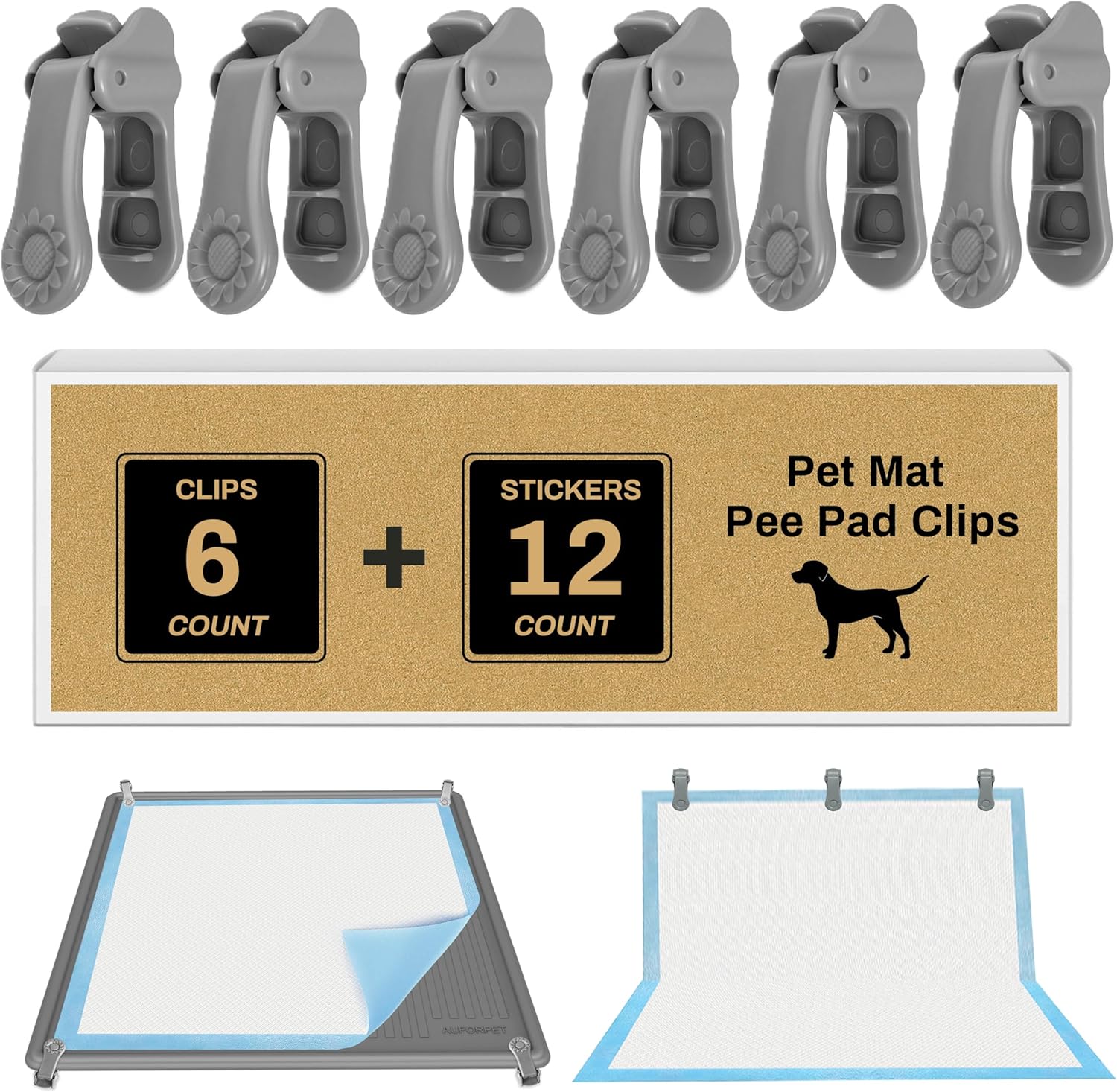 Wall Pet Pee Pad Clips with Adhesive Tape for Indoor Wall Dog Pads Secured, Enhanced Thick Clamps for Silicone Puppy Pad Holder Tary, Tight Strong, 6 Pack (Grey)