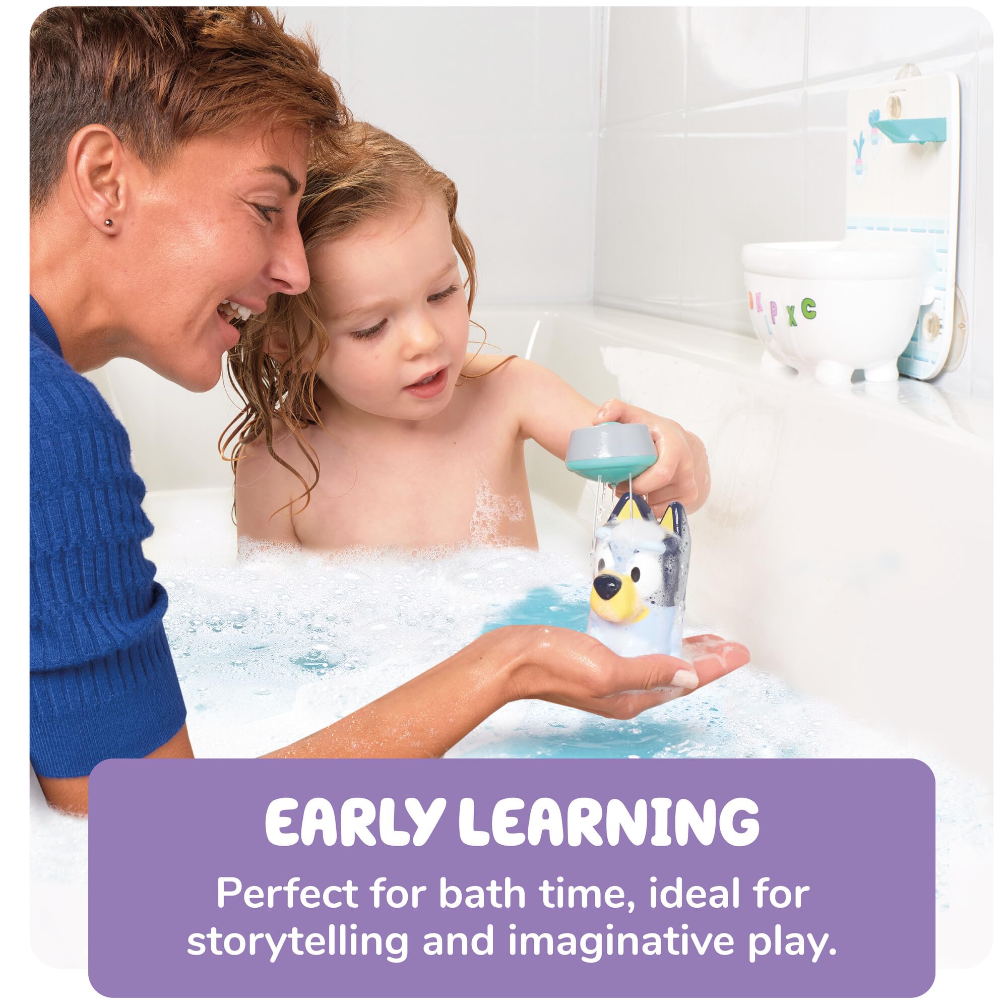 Toomies Bluey Prend Son Bain, Jouet de Bain Interactif, Eau et Bulles, Pommeau de Douche Fonctionnel, Développement des Compétences, pour Enfants Dès 18 Mois