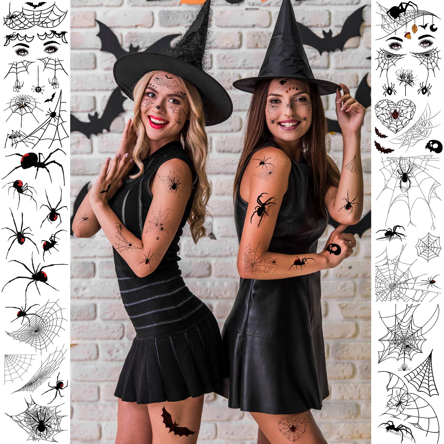 HOWAF Halloween Cranio Floreale Nero Scheletro Web Tatuaggi Temporanei Tattoos Adesivi Trucco per Bambini Festa di Halloween Compleanno Sacchetti Regalo Giocattolo (100 Pezzi