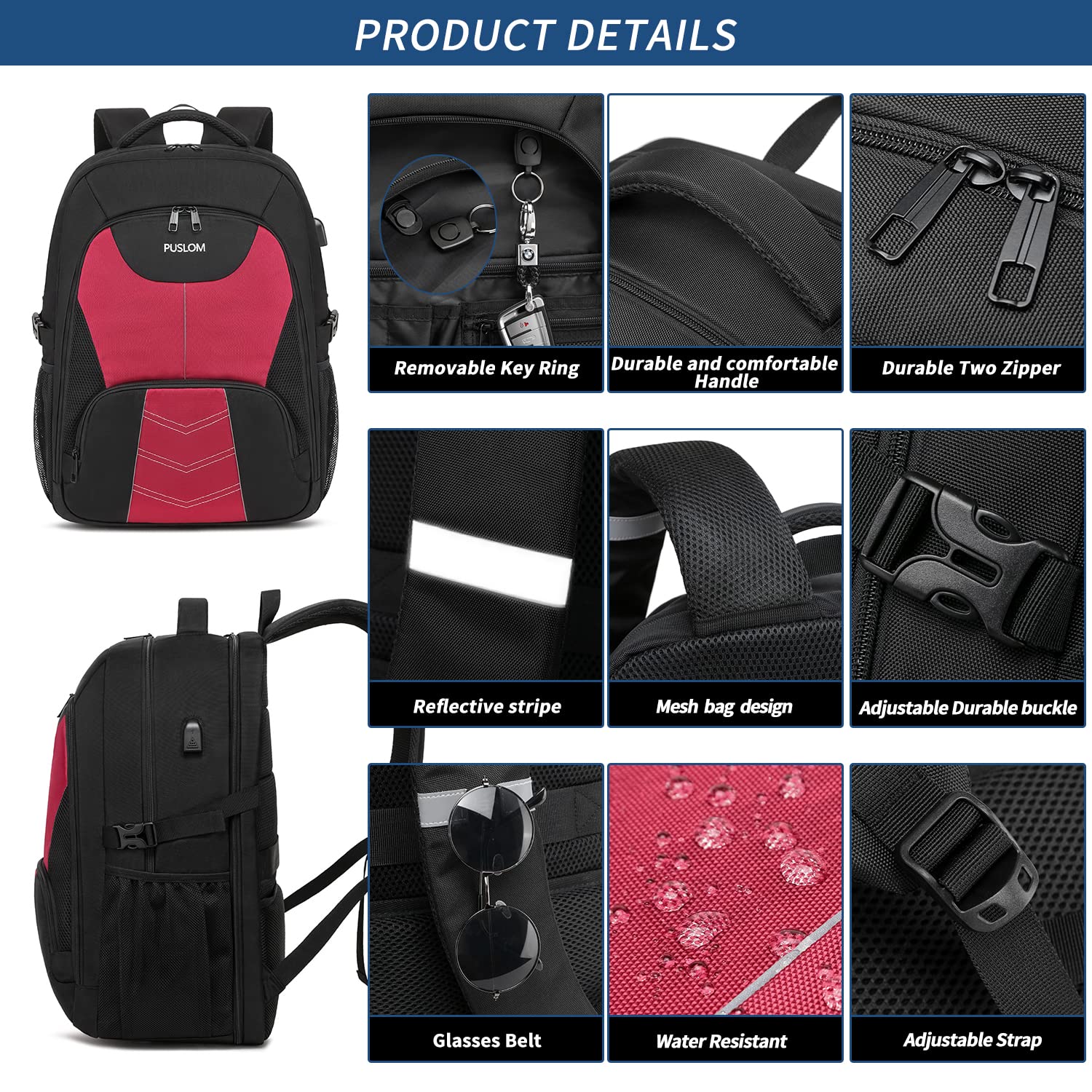 Zaino Donna Grande 55L Zaino per PC Portatile 18.4 Pollici Zaino Porta PC con Caricatore USB Zaino Lavoro Donna Impermeabile Zaino Laptop Computer Zaini per PC Portatili per Viaggio Scuola,Rosso