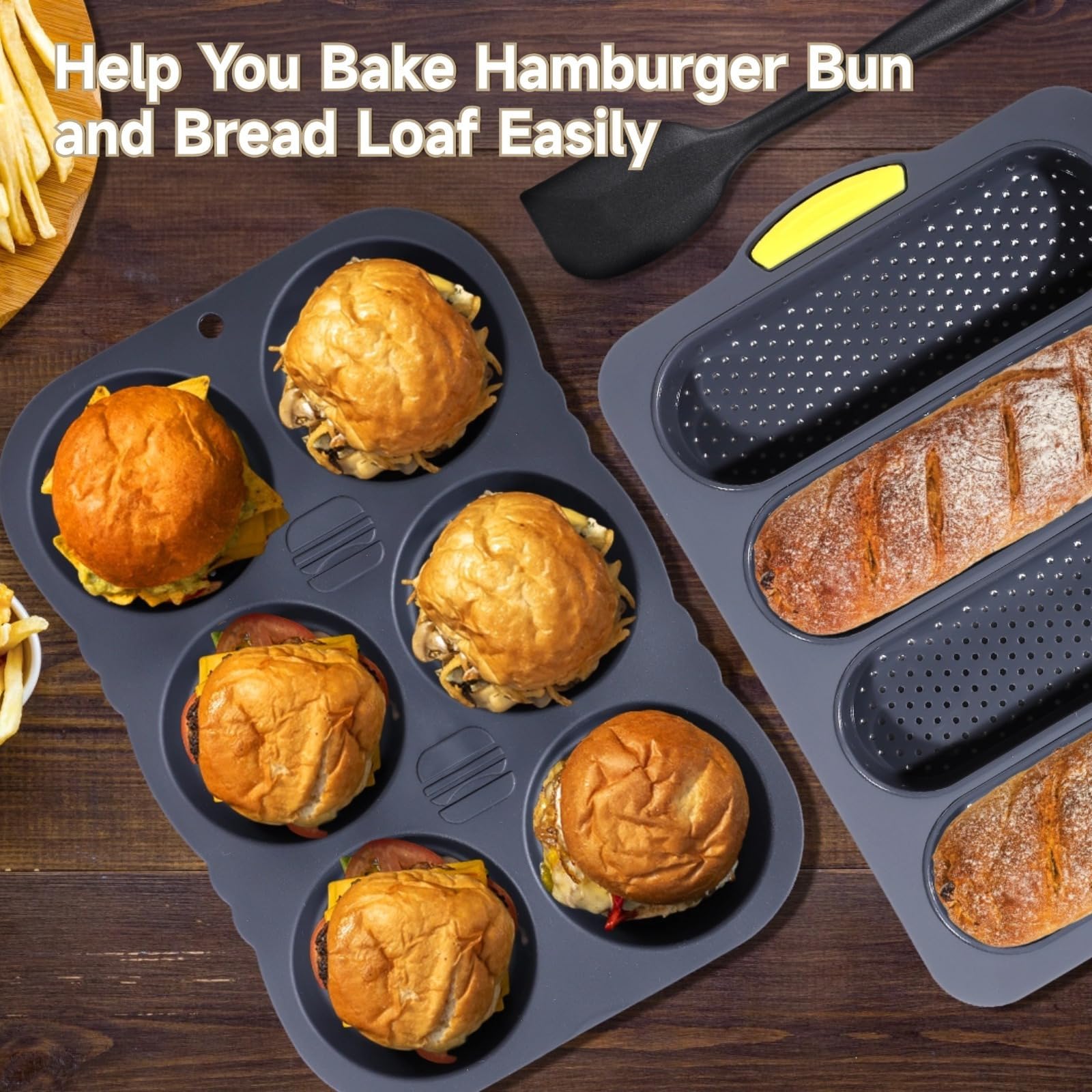 3-teiliges Silikon-Backformen-Set, Hamburgerbrötchen und Form mit Schaber, Antihaft-Brotblech für hausgemachte Sandwiches und Brote
