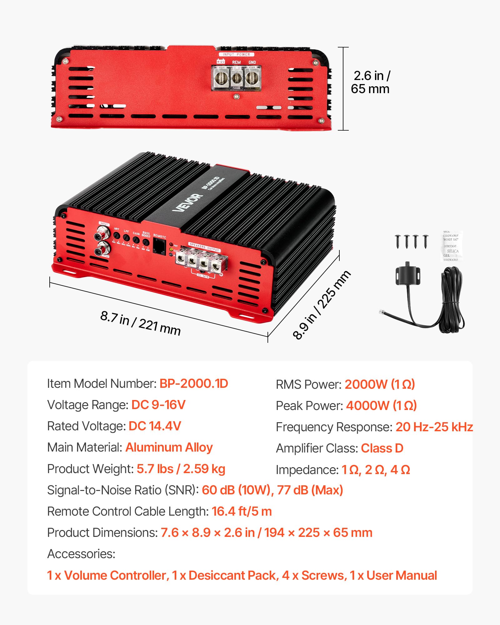 VEVOR Amplificador Monobloque para Coche de 2000 W, RMS MÁX. 1/2/4 Ohmios, Clase D/1 Canal, con Control Remoto de Nivel de Subwoofer, Filtro de Paso Bajo, Refuerzo de Graves y Control de Volumen