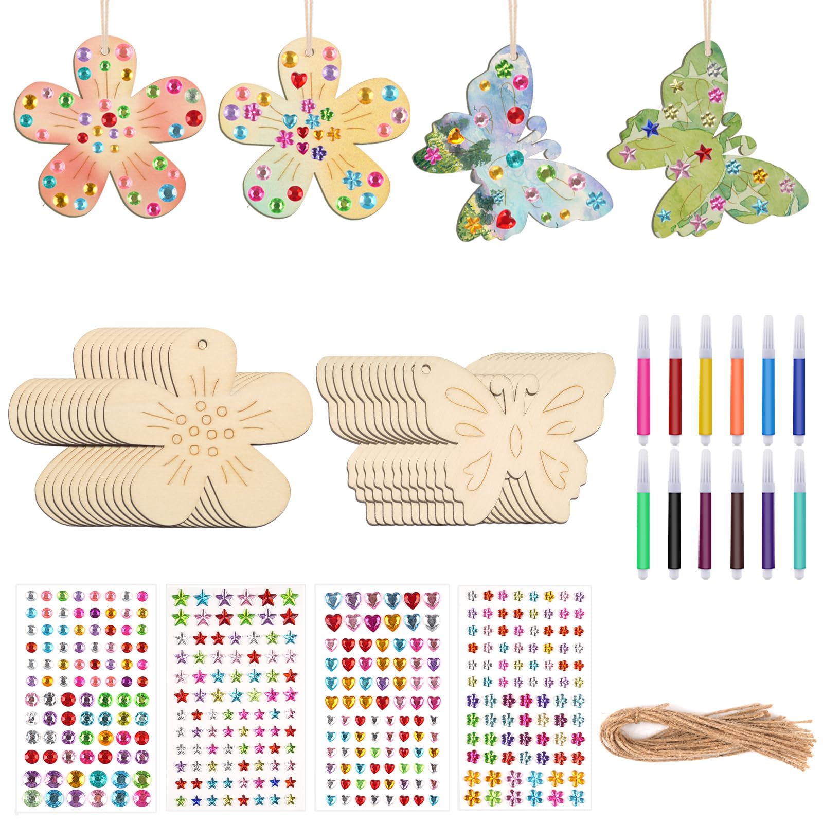 ZACUDA 48 Pezzi Farfalla in Legno Farfalle Incompiute in Legno Farfalle Fai Da Te Creativo con Penna ad Acquerello e Adesivi con Pietre Preziose per Compleanno Bambini Decorazione Pittura Fai da Te