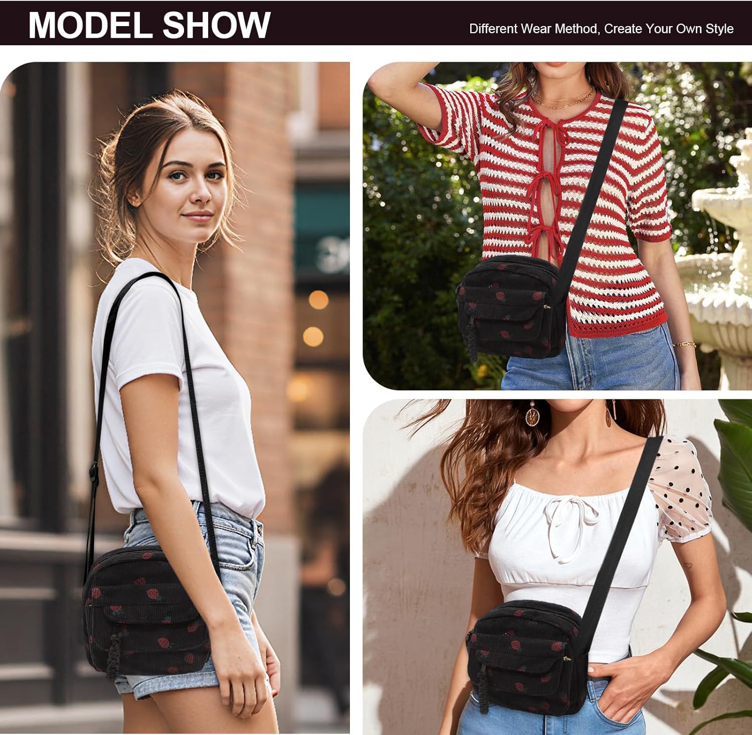 Long Keeper Corduroy Crossbody Bag for Women Cute Purse Strawberry Shoulder Bag Messenger Phone Cross body Bag Handbags Purse - Image 2