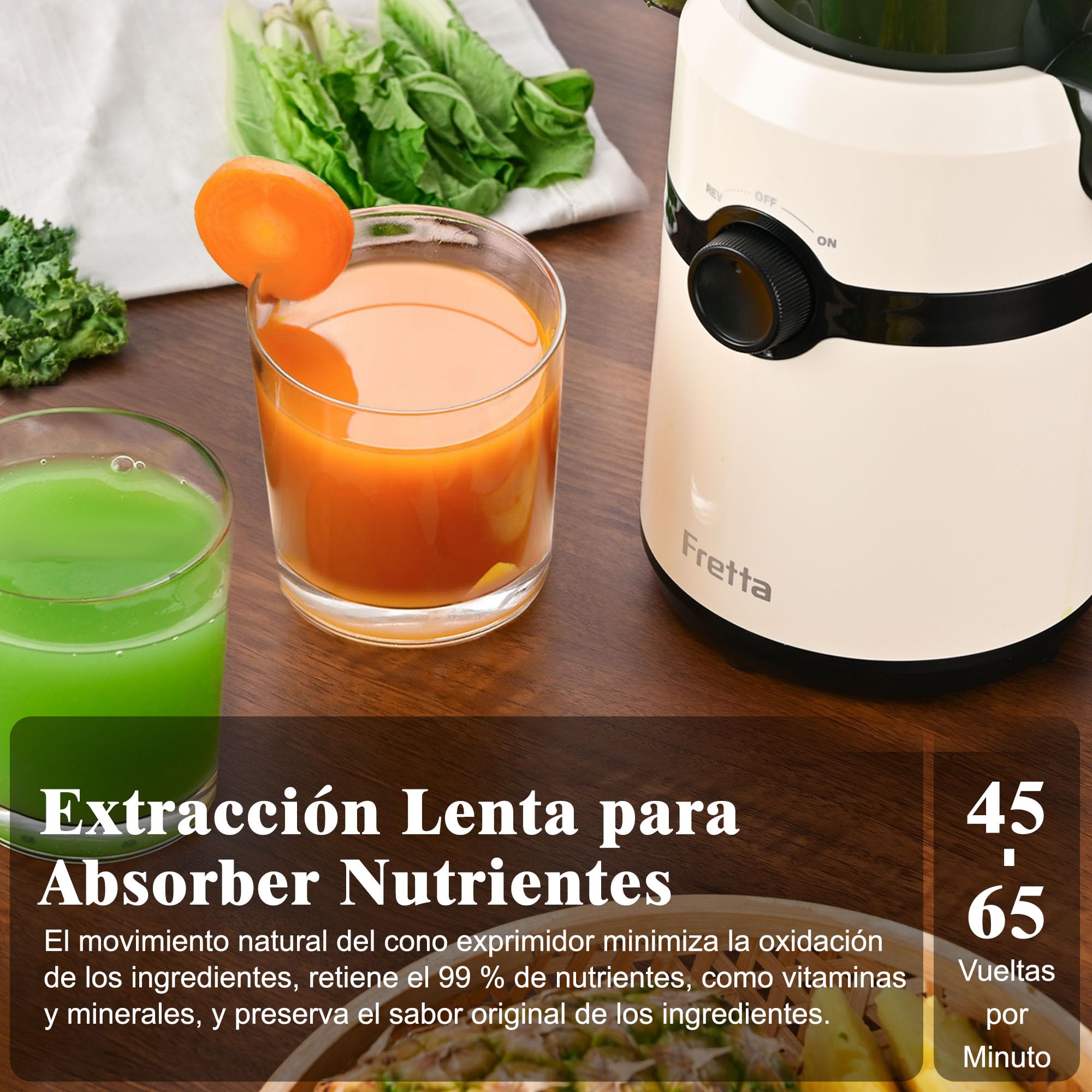Fretta Extractor de Zumos y Verduras, Apertura de 108MM y Capacidad de 1L, Licuadora Prensado en Frio para Verduras Frutas Enteras, 200W Slow Juicer Machine,Fácil Montaje y Limpieza,Sin BPA(Blanco,1L)