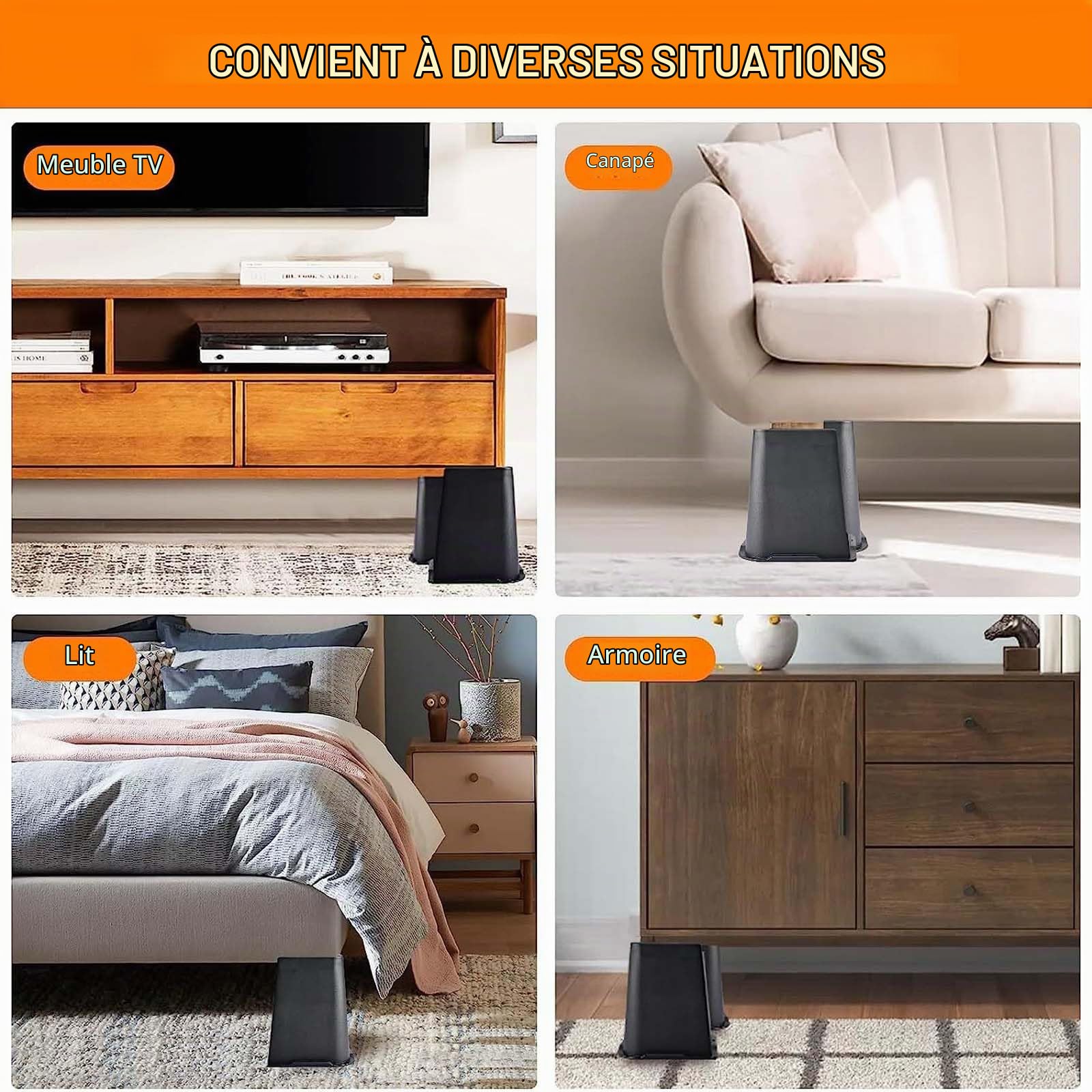 Dokeno Lot de 4 Rehausseurs Meubles, Carrés Rehausseurs de Lit Robustes de 10/15/20cm, Jusqu'à 2721,6kg en Forme de L, Hauteur de Levage pour Canapé, Chaise, Bureau, Table, Bibliothèque, Noir (8 Zoll)