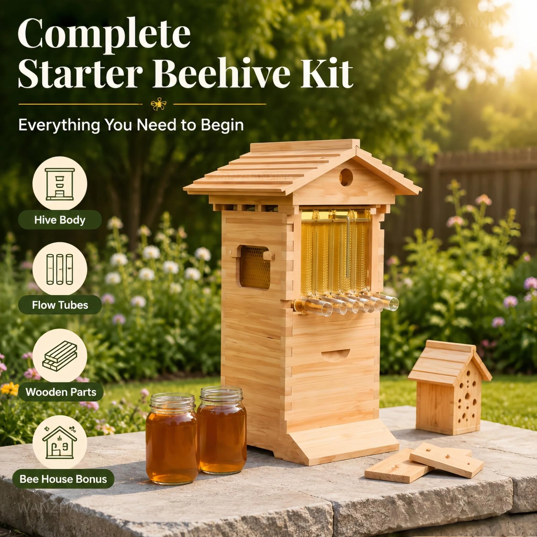 Kit Completo per Apicoltura – Arnia a Flusso Automatico in Legno con Finestra di Osservazione, Beccuccio per Miele, 7 Telaini e Vassoi Favi – Ideale per Principianti e Professionisti