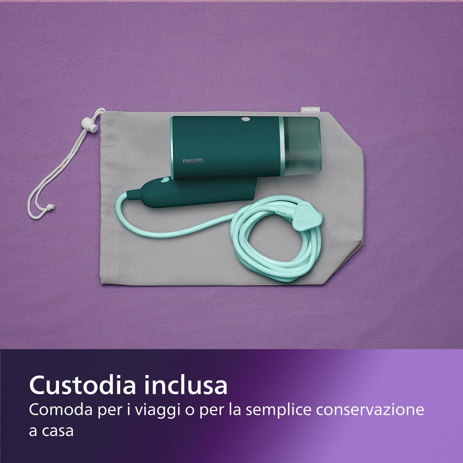 Philips 3000 Ferro da Stiro Verticale a Vapore Pieghevole, 20 g/min, 1000W | Pronto in 30 sec, Piastra Riscaldata, Custodia da viaggio, 120ml, Compatto e Pieghevole, Serbatoio 120ml, Verde (STH3020/70)