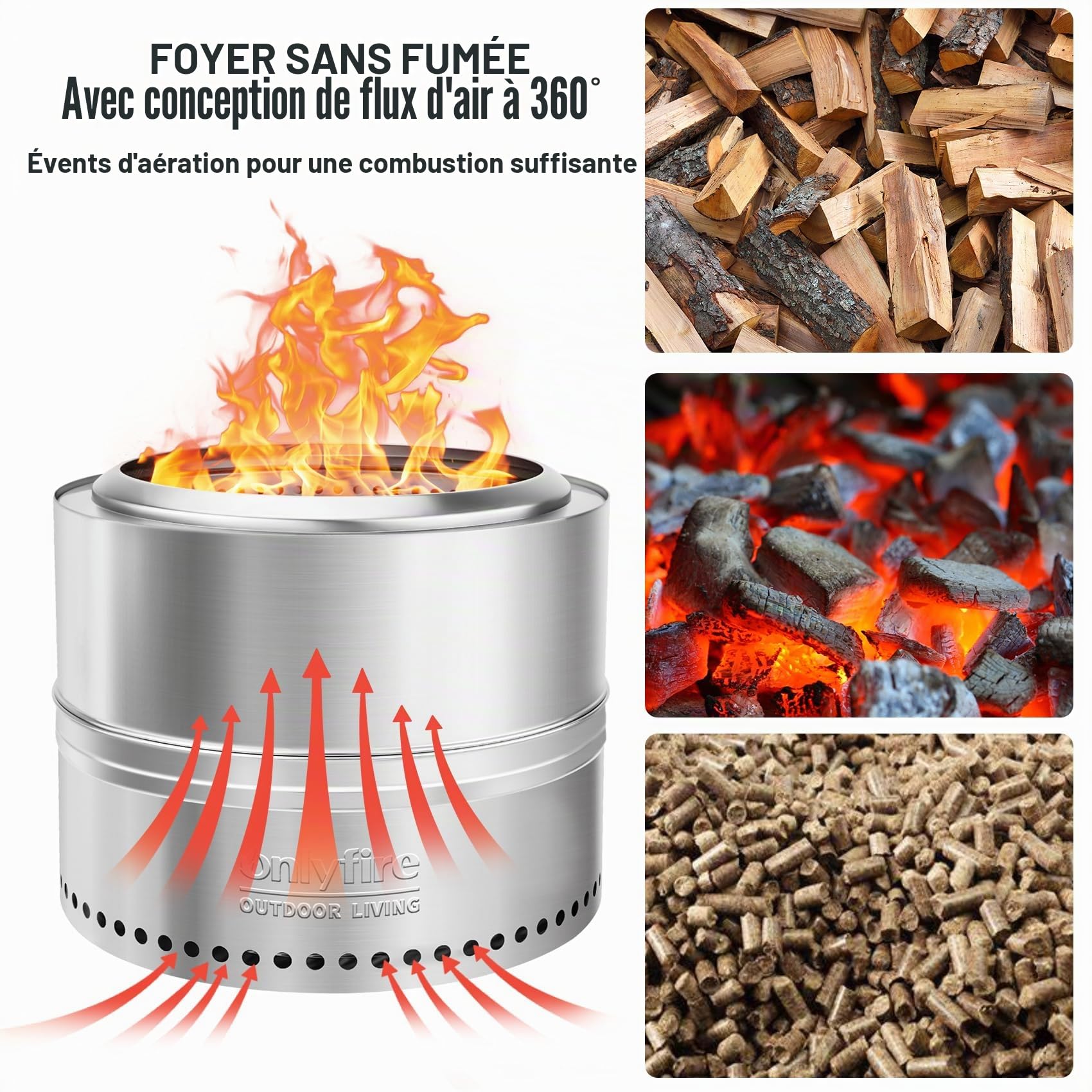 Onlyfire 50cm Foyers Extérieurs avec Sac de Transpor, Brasero Portable de sans émission de Fumée, Bac à Cendres Amovible, Acier Inoxydable, pour la Cour, Patio et Plage